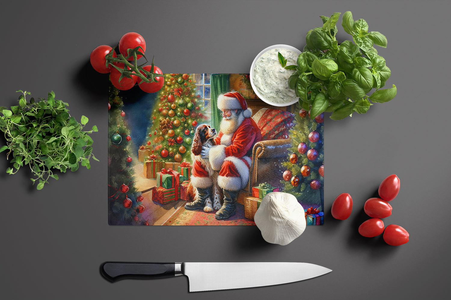 Welsh Springer Spaniel and Santa Claus Glass Cutting Board