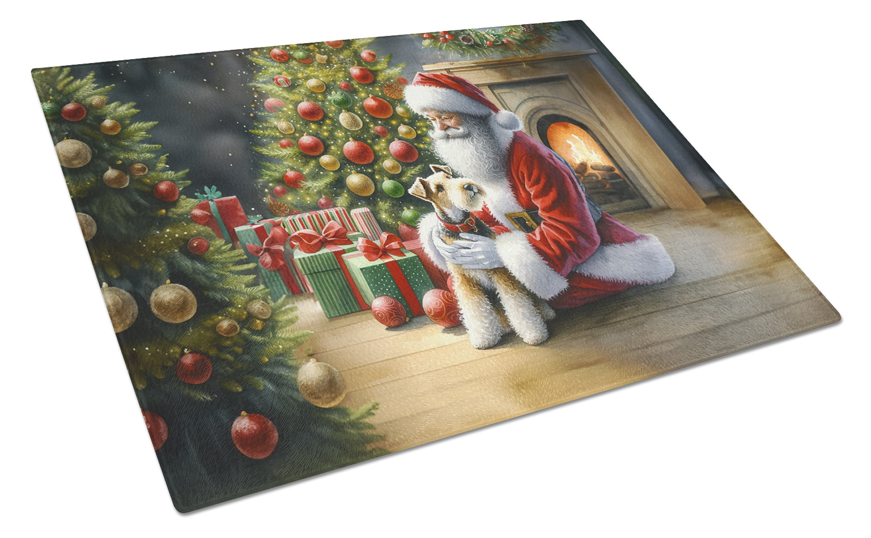 Buy this Fox Terrier and Santa Claus Glass Cutting Board