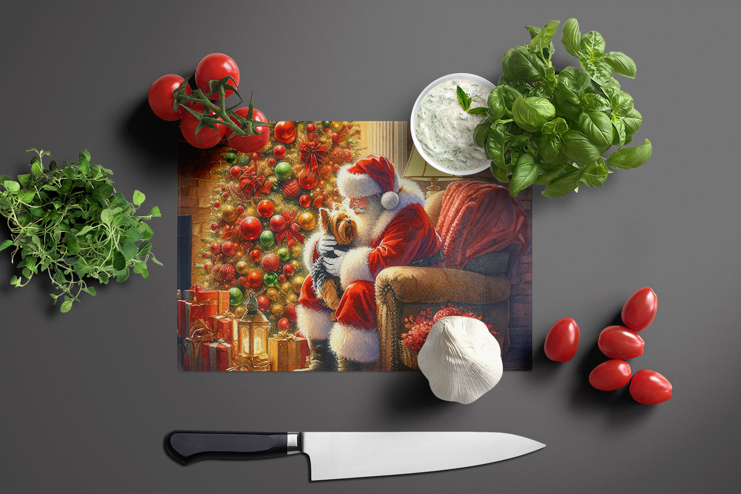 Yorkshire Terrier Yorkie and Santa Claus Glass Cutting Board