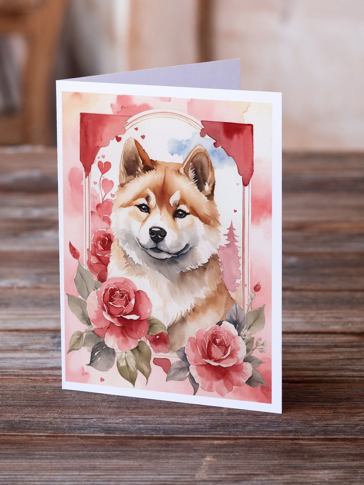 Akita Valentine Roses Greeting Cards Pack of 8
