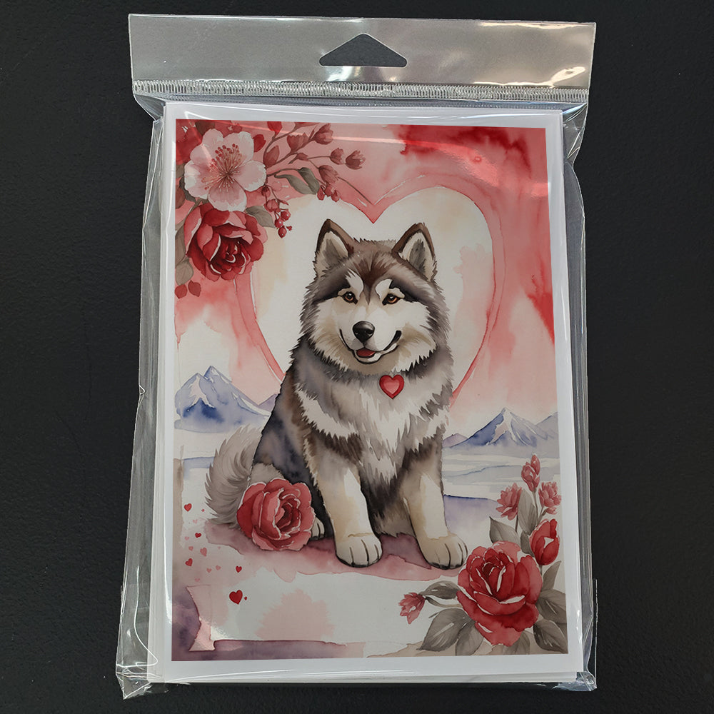 Alaskan Malamute Valentine Roses Greeting Cards Pack of 8