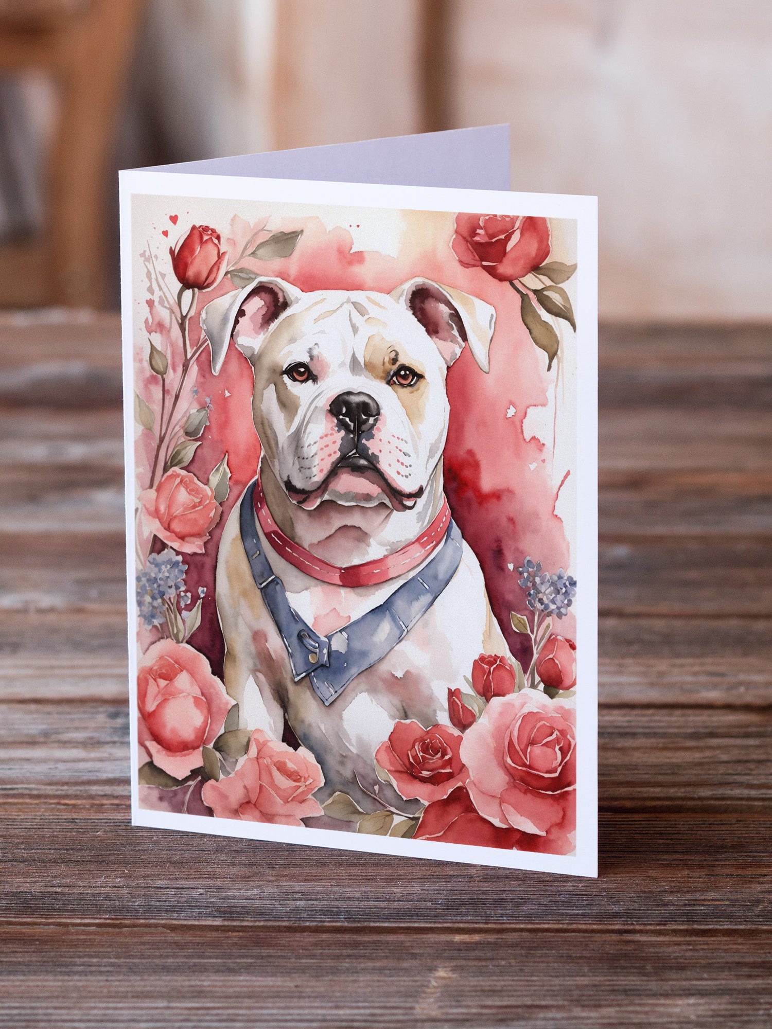 American Bulldog Valentine Roses Greeting Cards Pack of 8