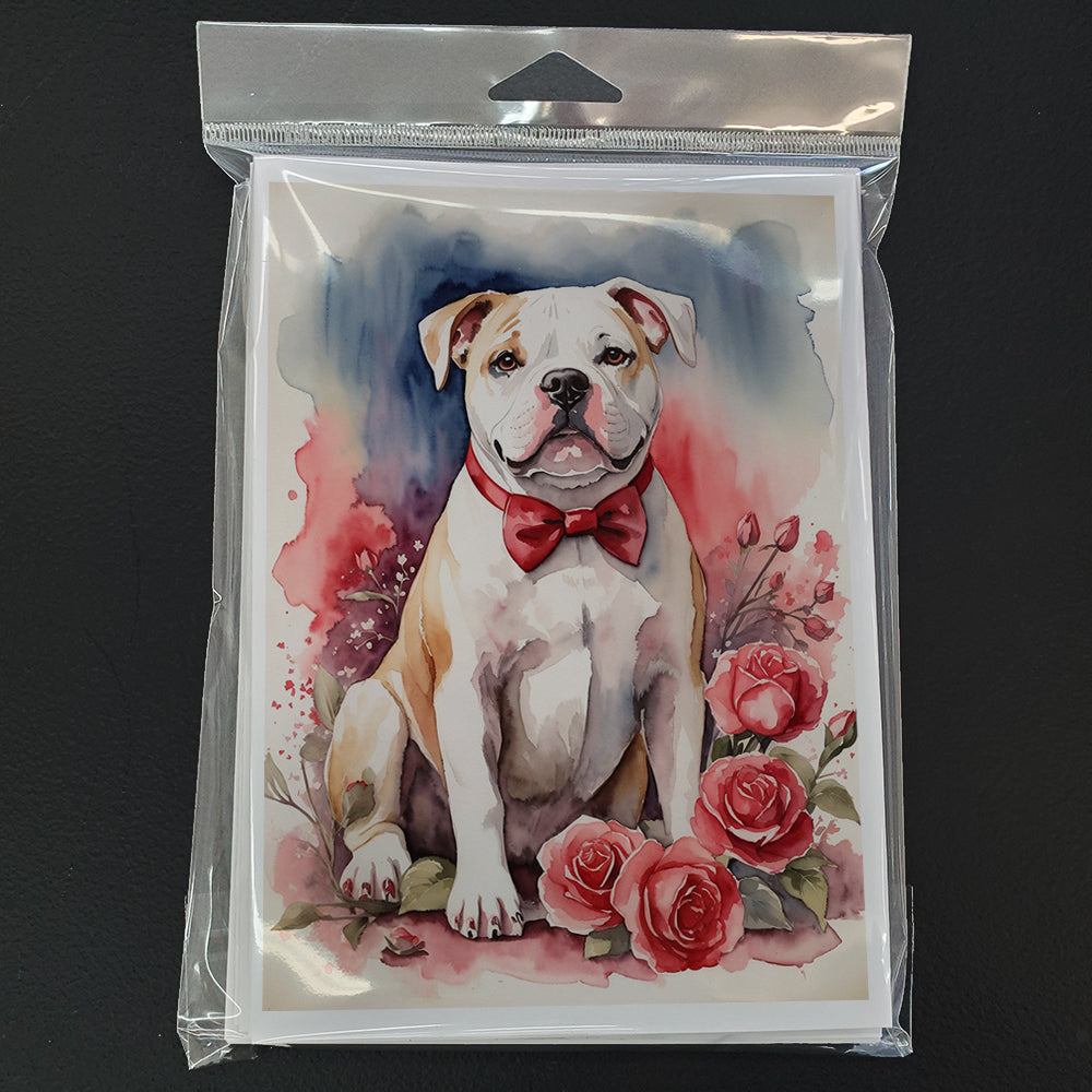 American Bulldog Valentine Roses Greeting Cards Pack of 8