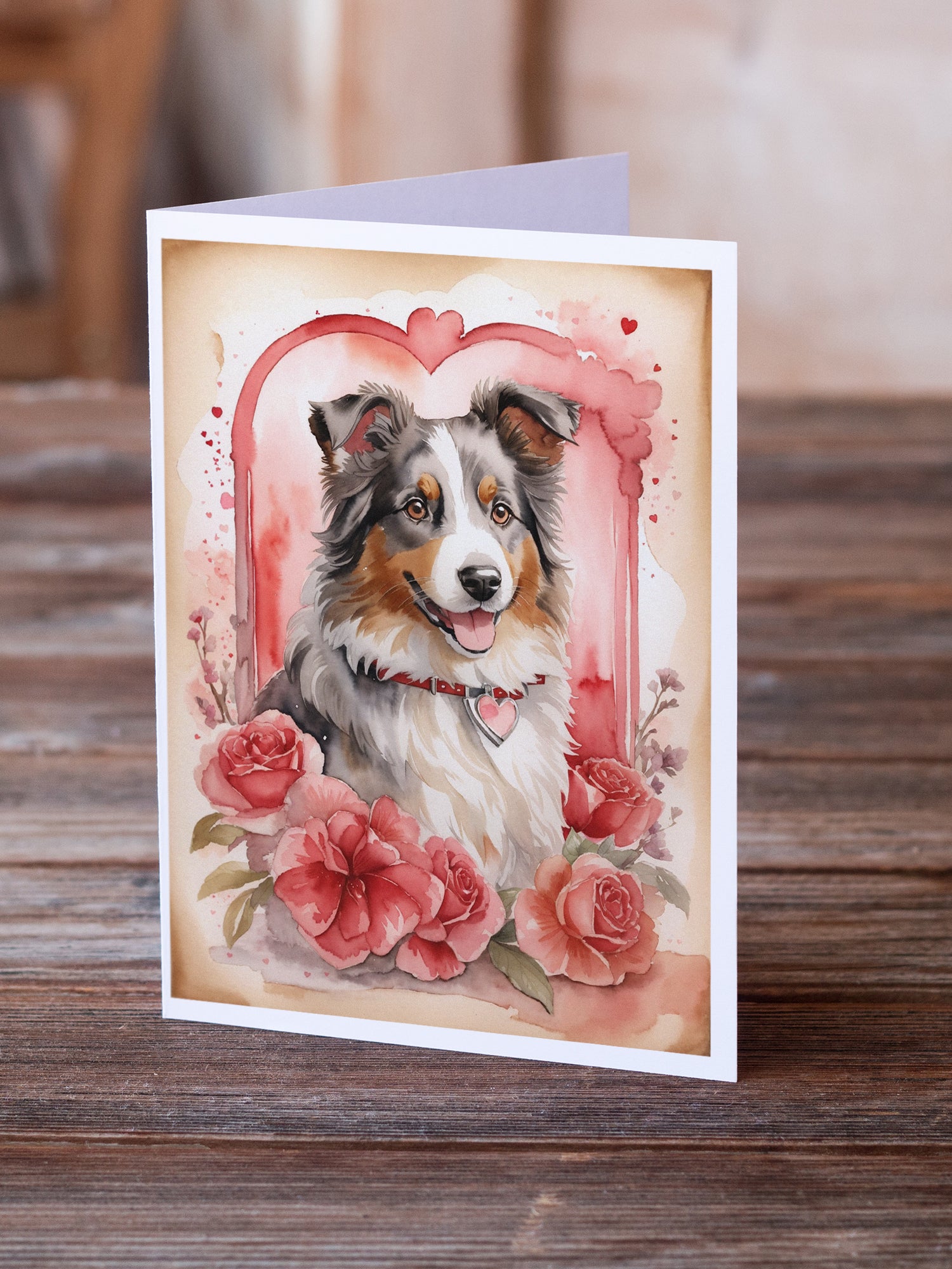 Buy this Australian Shepherd Valentine Roses Greeting Cards Pack of 8