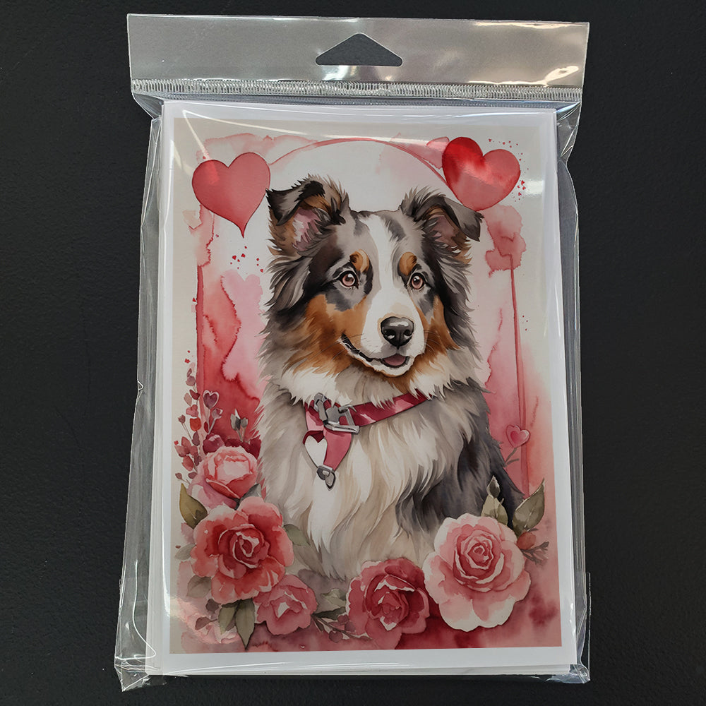 Australian Shepherd Valentine Roses Greeting Cards Pack of 8