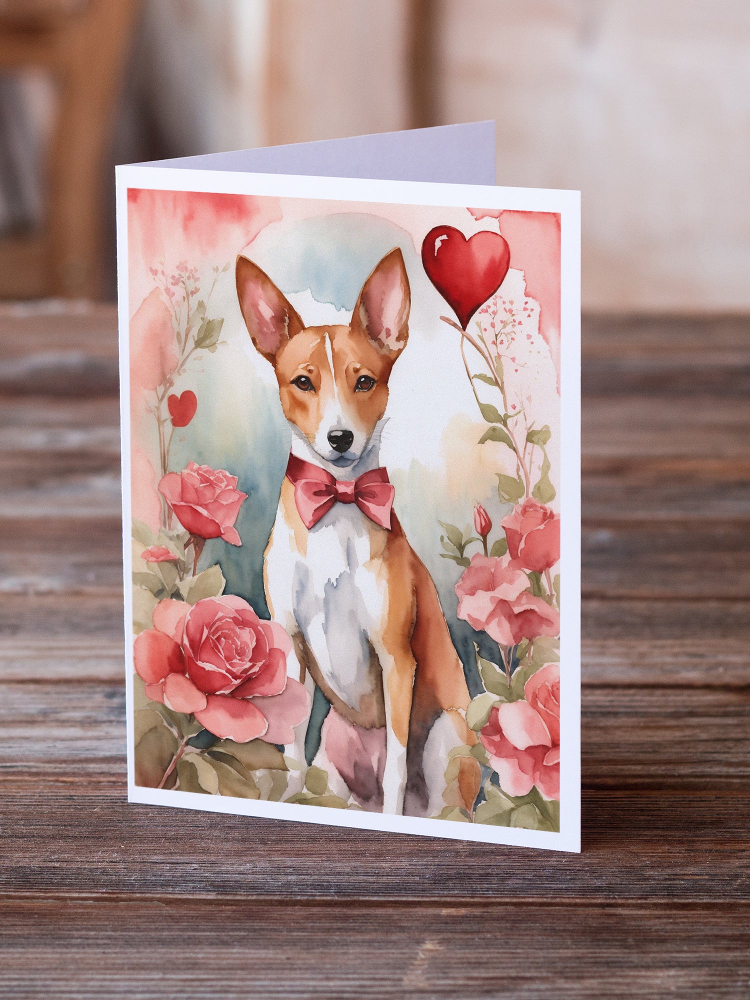 Basenji Valentine Roses Greeting Cards Pack of 8