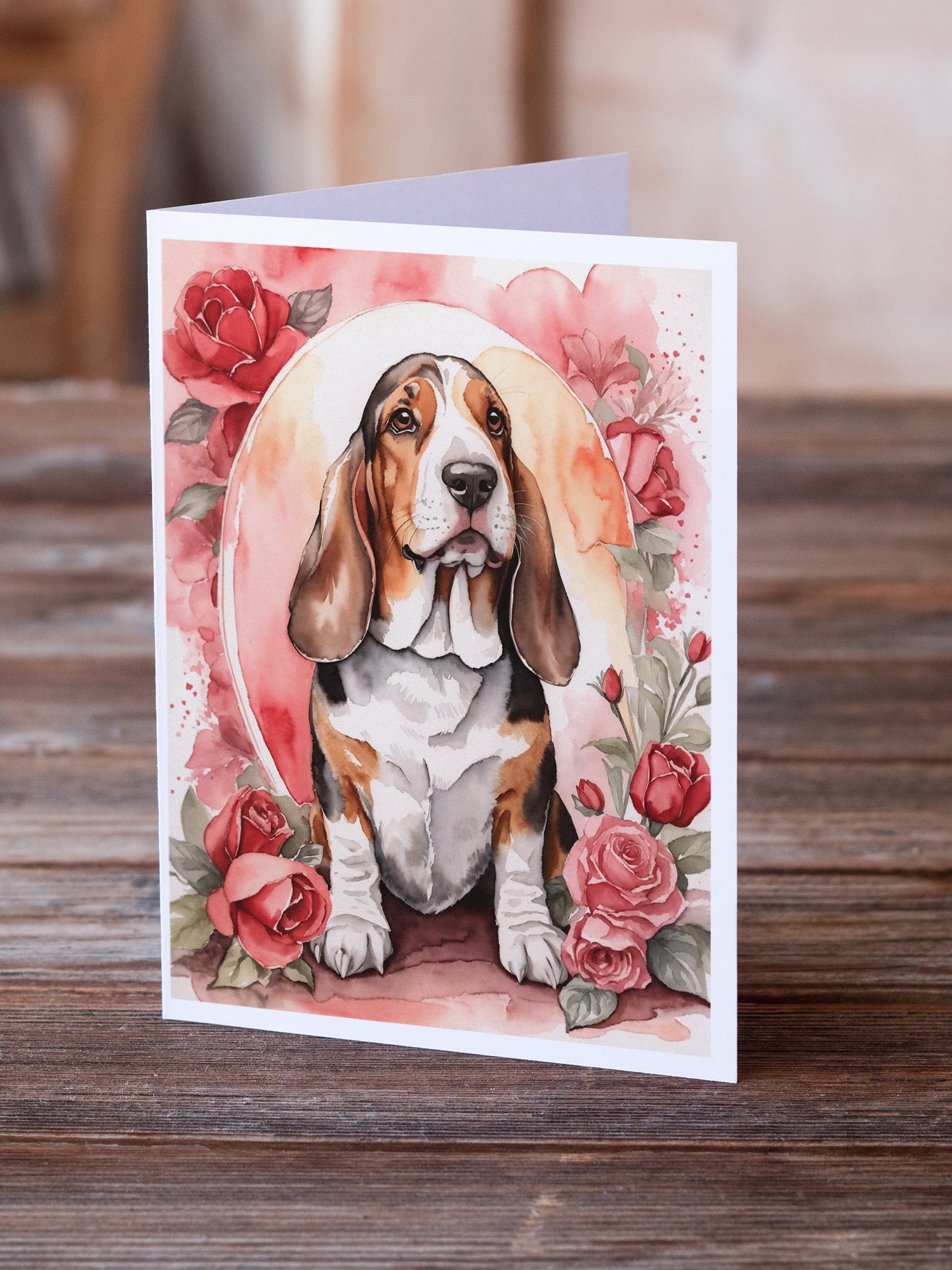 Basset Hound Valentine Roses Greeting Cards Pack of 8