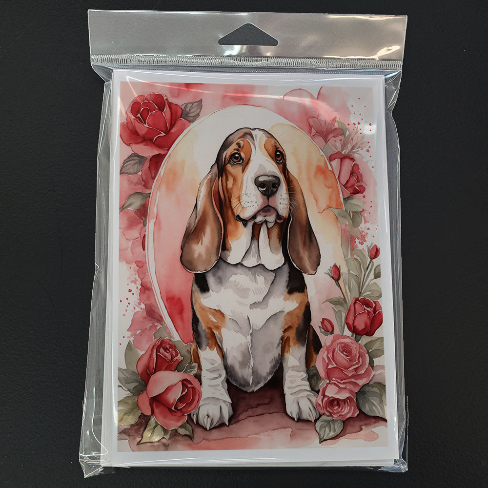 Basset Hound Valentine Roses Greeting Cards Pack of 8