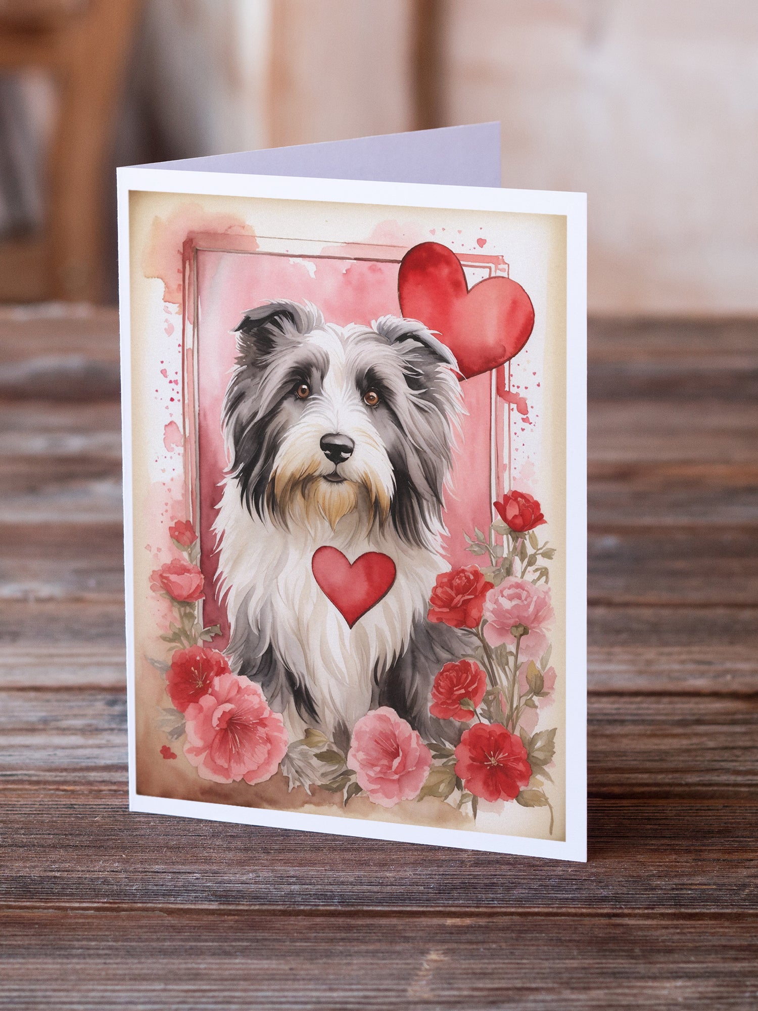 Bearded Collie Valentine Roses Greeting Cards Pack of 8