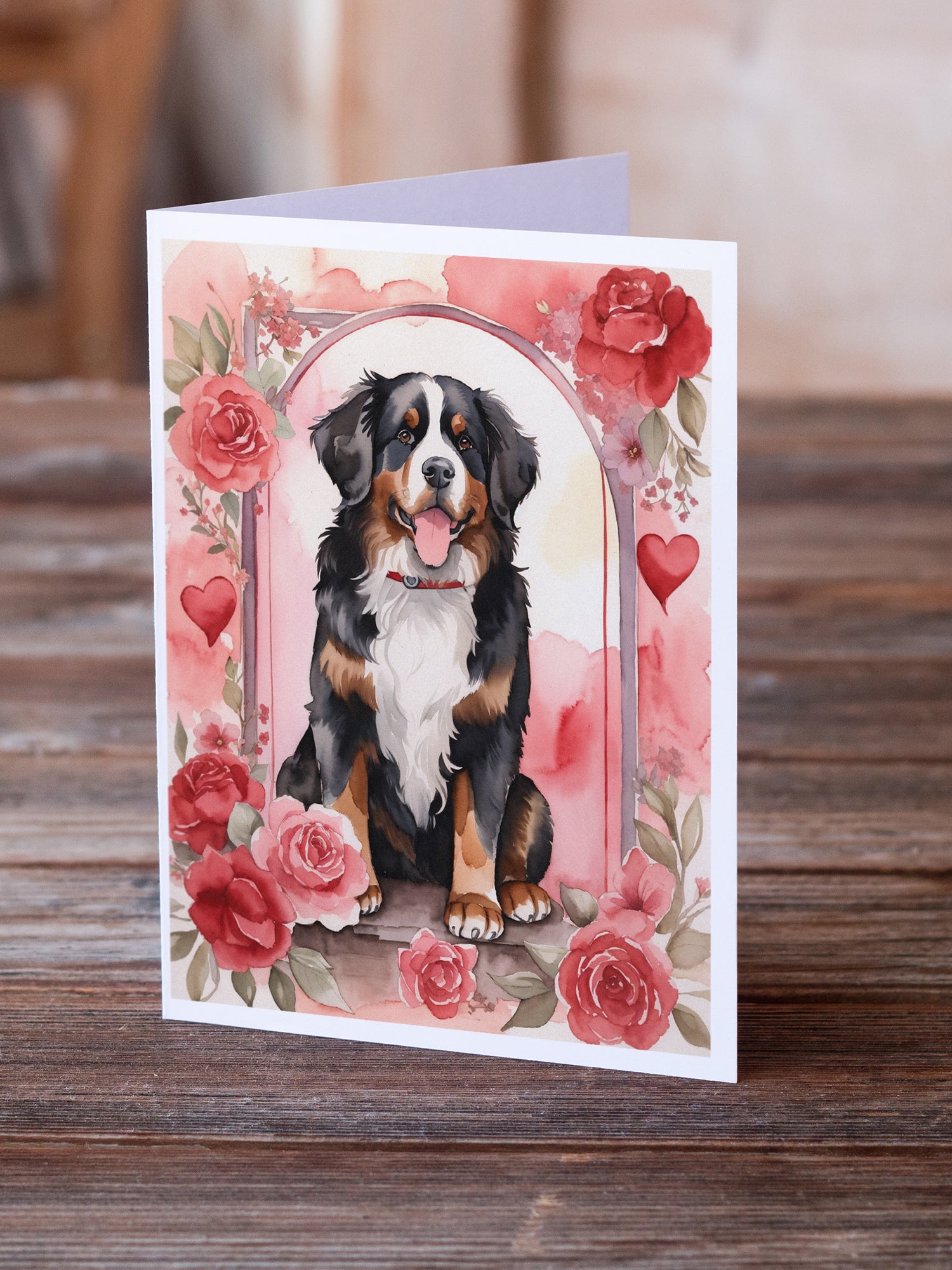 Bernese Mountain Dog Valentine Roses Greeting Cards Pack of 8