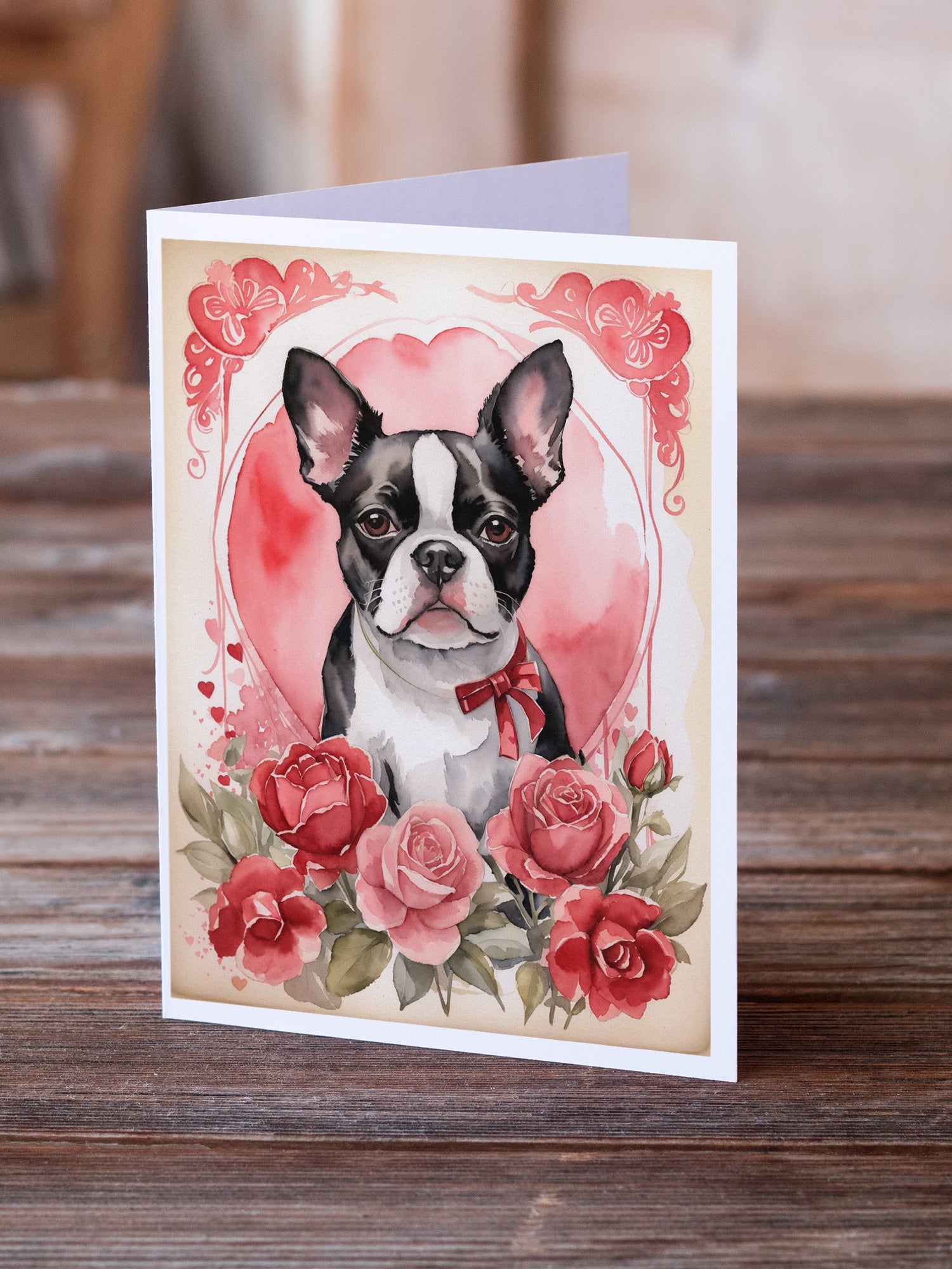 Buy this Boston Terrier Valentine Roses Greeting Cards Pack of 8
