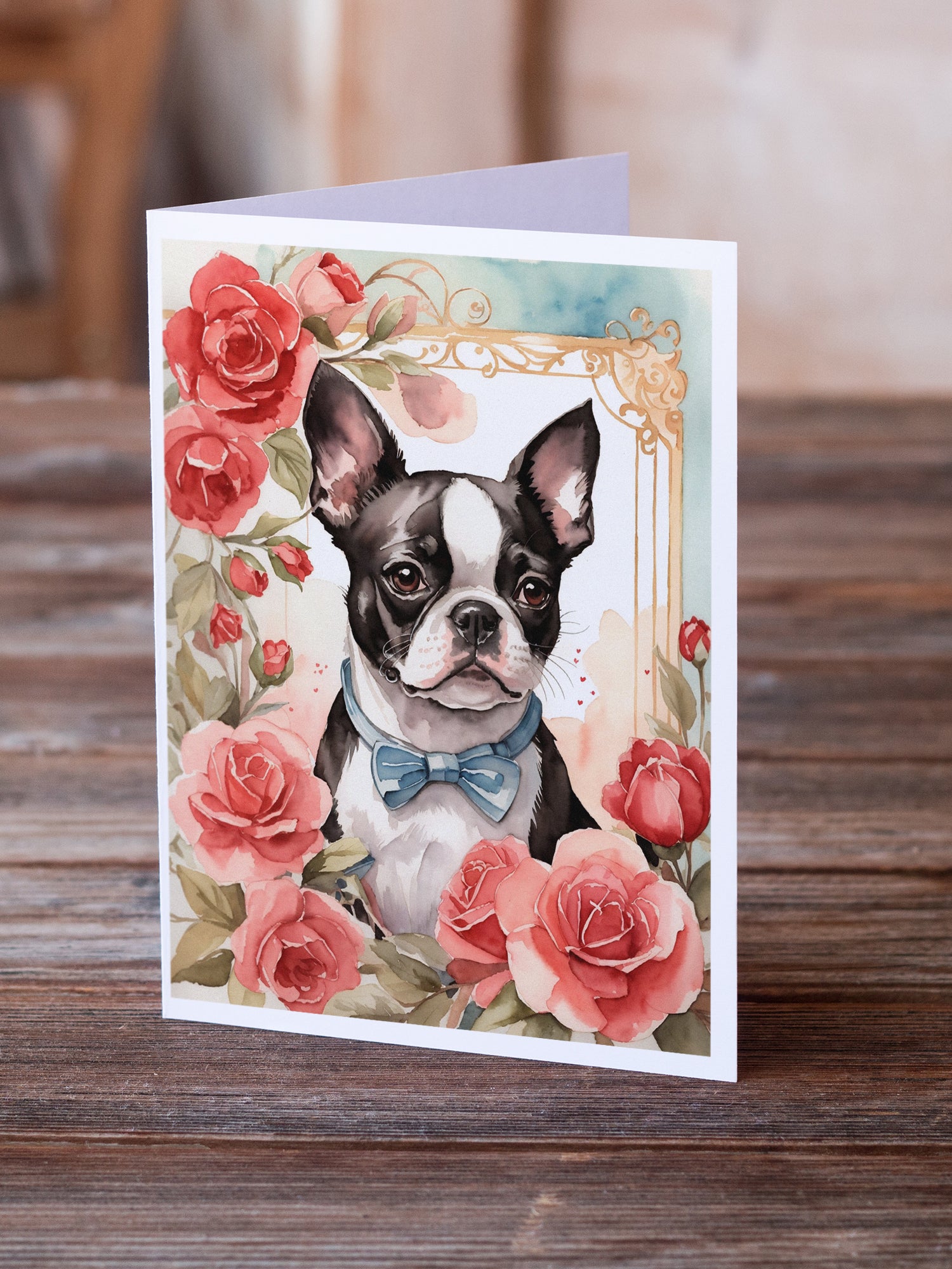 Boston Terrier Valentine Roses Greeting Cards Pack of 8