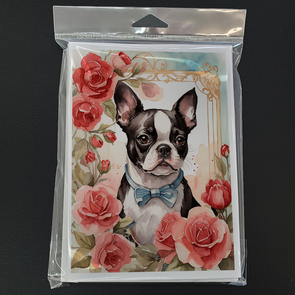 Boston Terrier Valentine Roses Greeting Cards Pack of 8