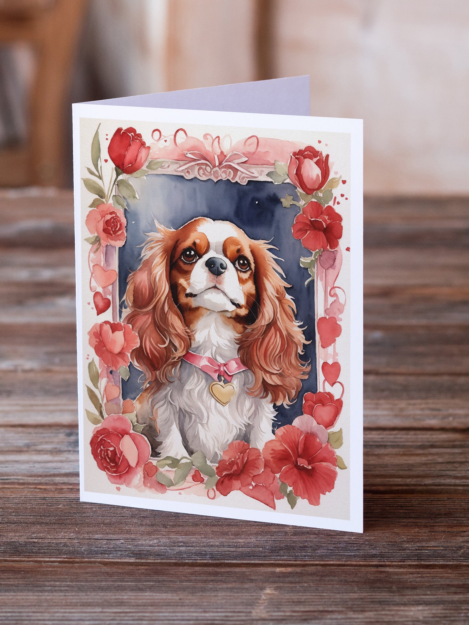 Cavalier Spaniel Valentine Roses Greeting Cards Pack of 8