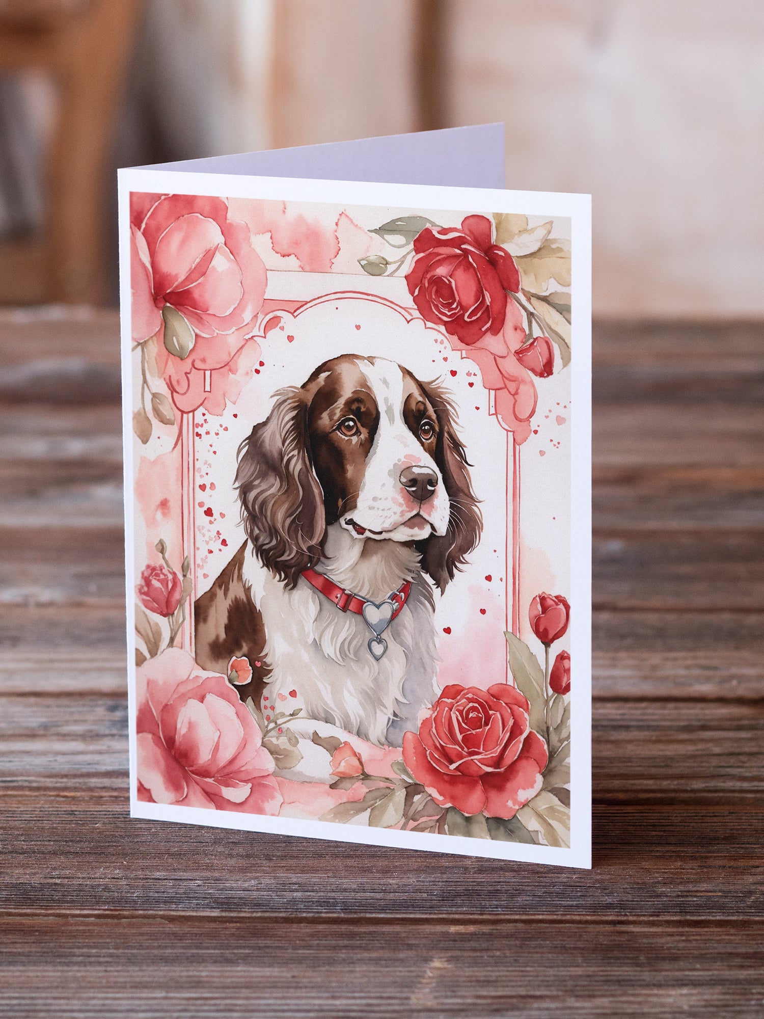 English Springer Spaniel Valentine Roses Greeting Cards Pack of 8