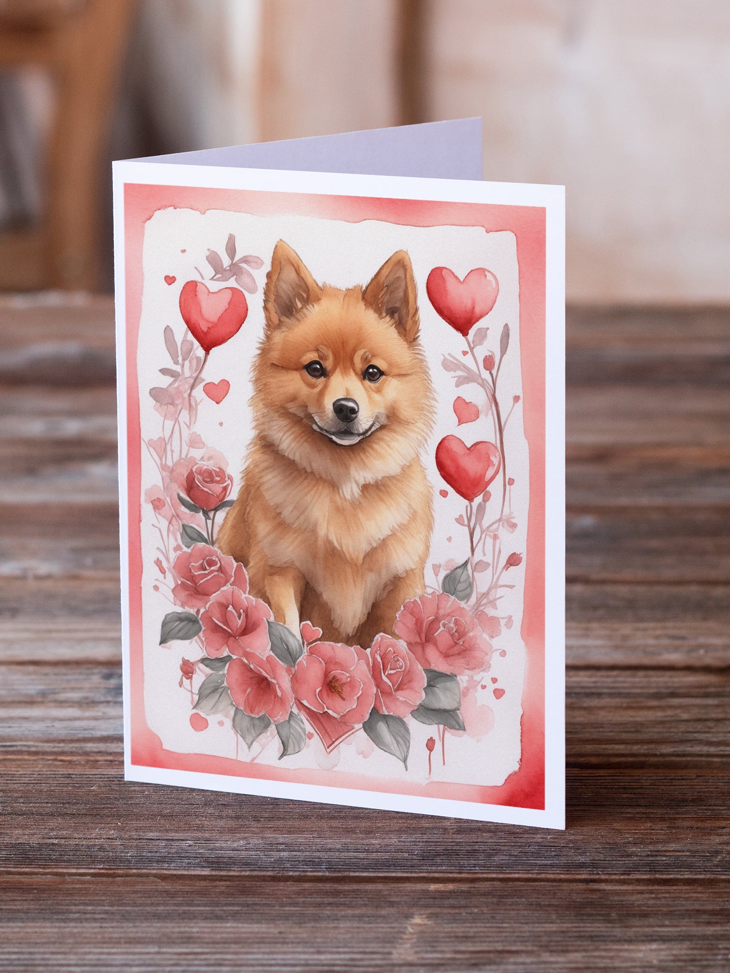 Finnish Spitz Valentine Roses Greeting Cards Pack of 8