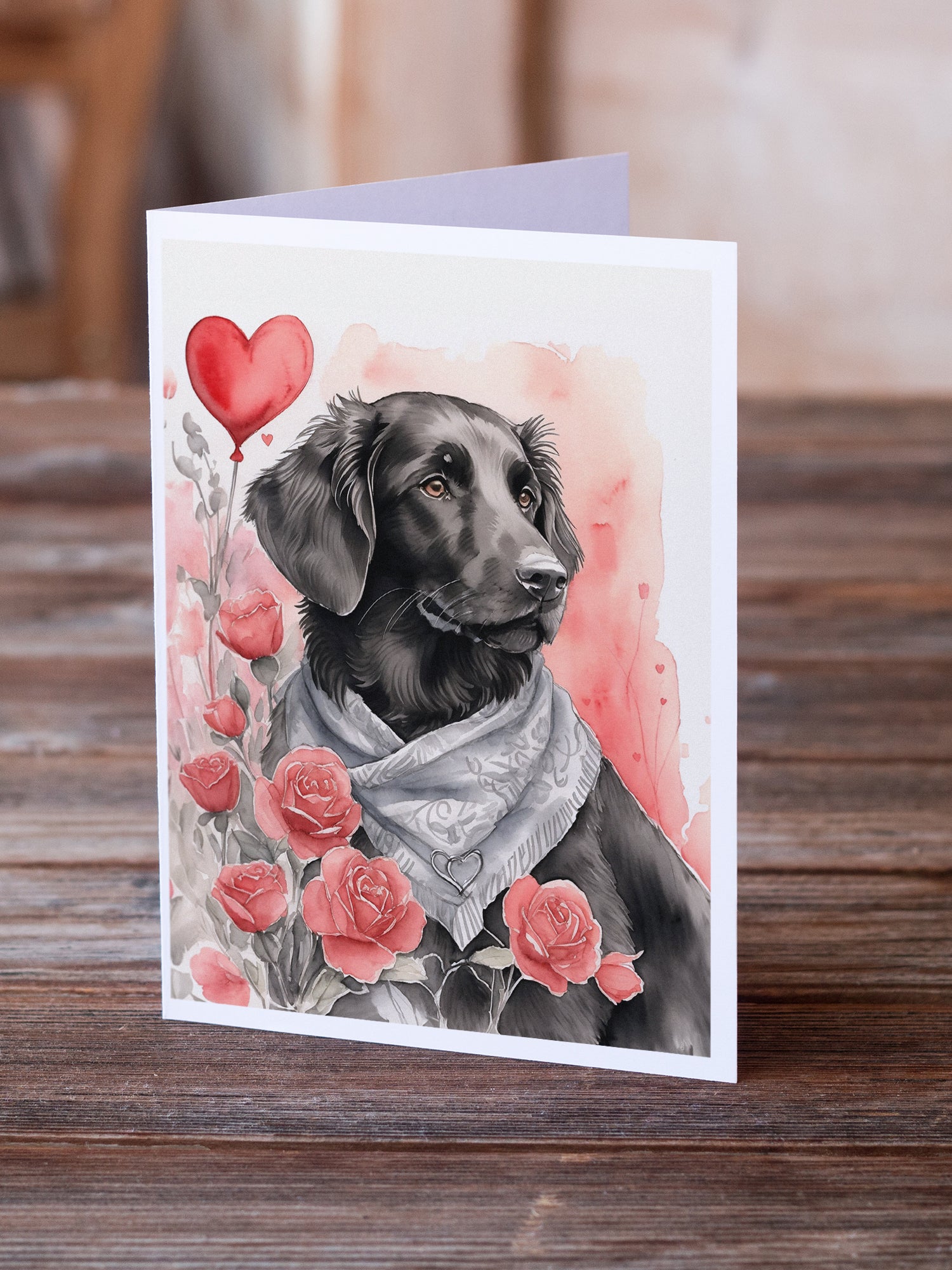 Flat-Coated Retriever Valentine Roses Greeting Cards Pack of 8