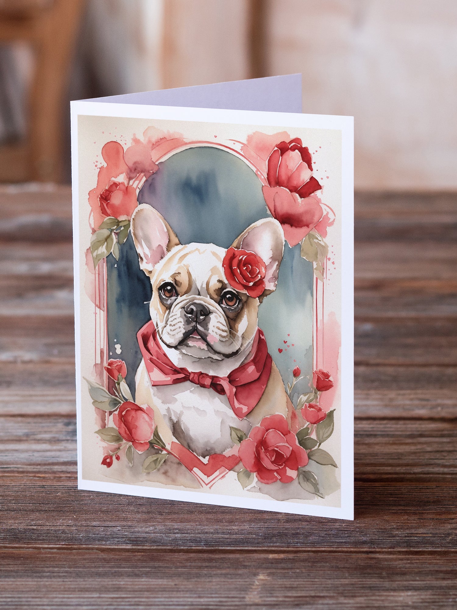 French Bulldog Valentine Roses Greeting Cards Pack of 8