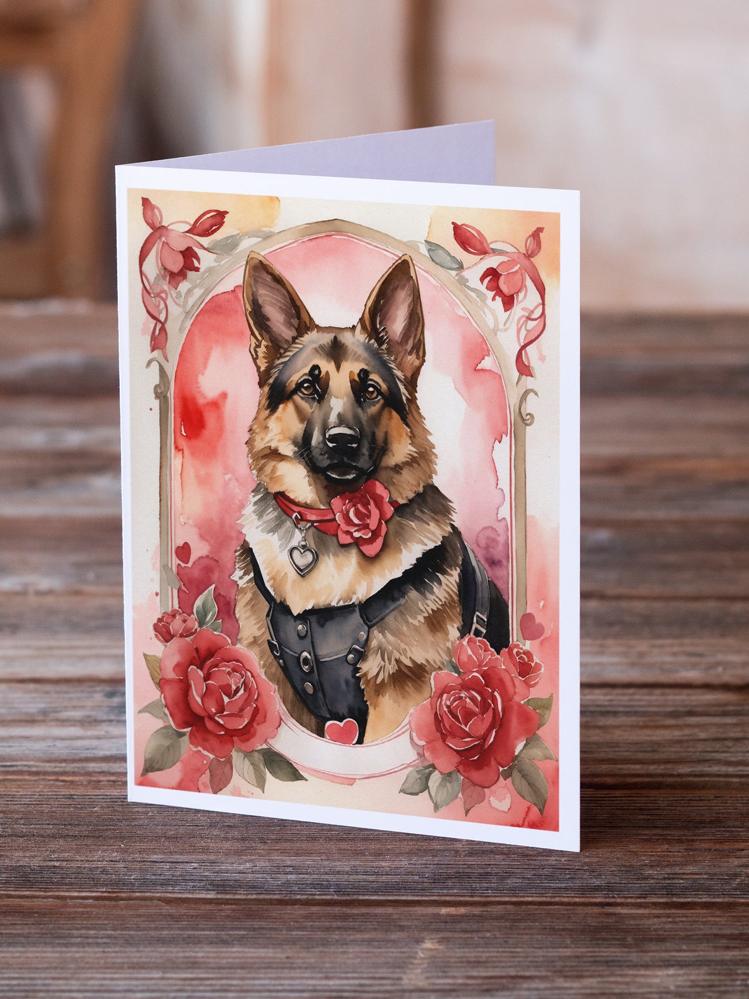 German Shepherd Valentine Roses Greeting Cards Pack of 8