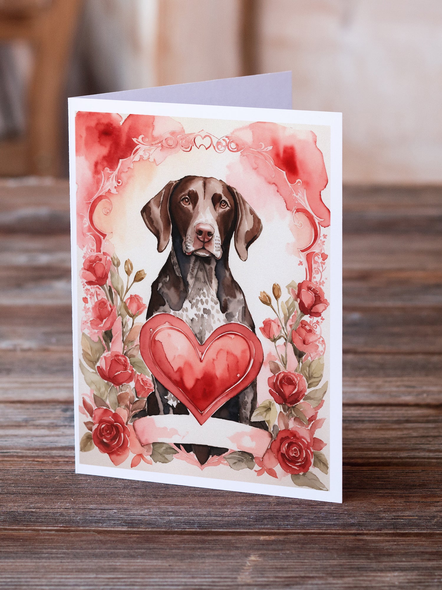 German Shorthaired Pointer Valentine Roses Greeting Cards Pack of 8