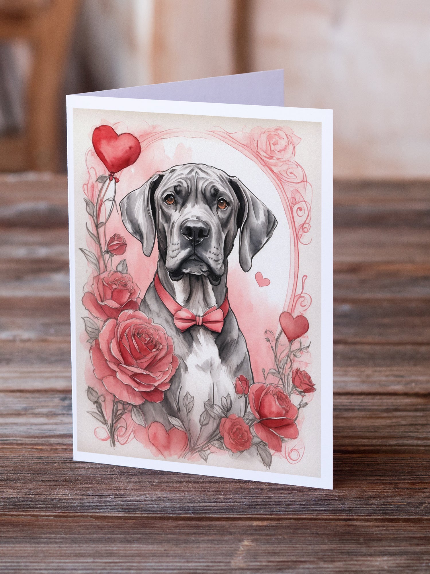 Great Dane Valentine Roses Greeting Cards Pack of 8