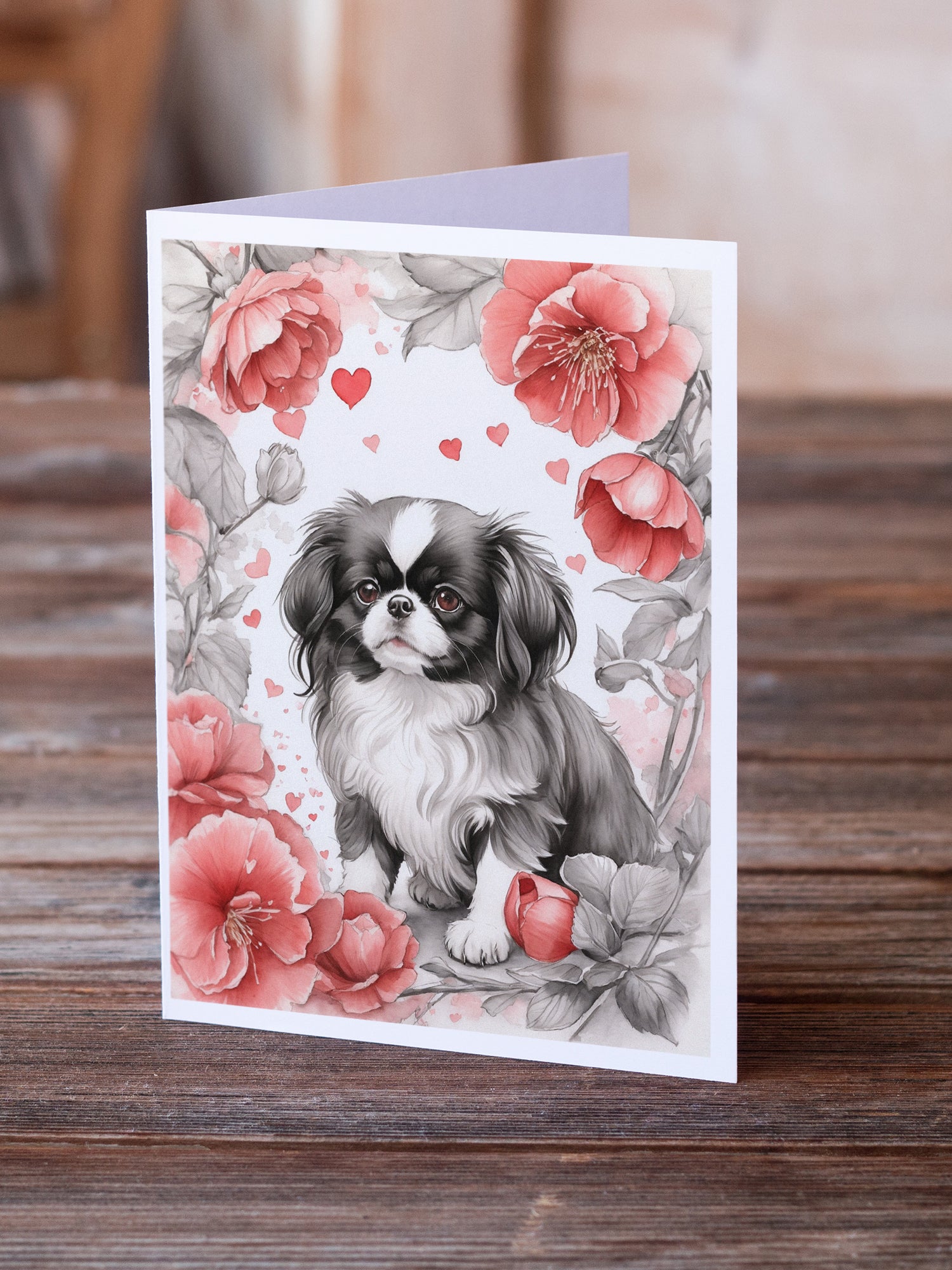 Japanese Chin Valentine Roses Greeting Cards Pack of 8