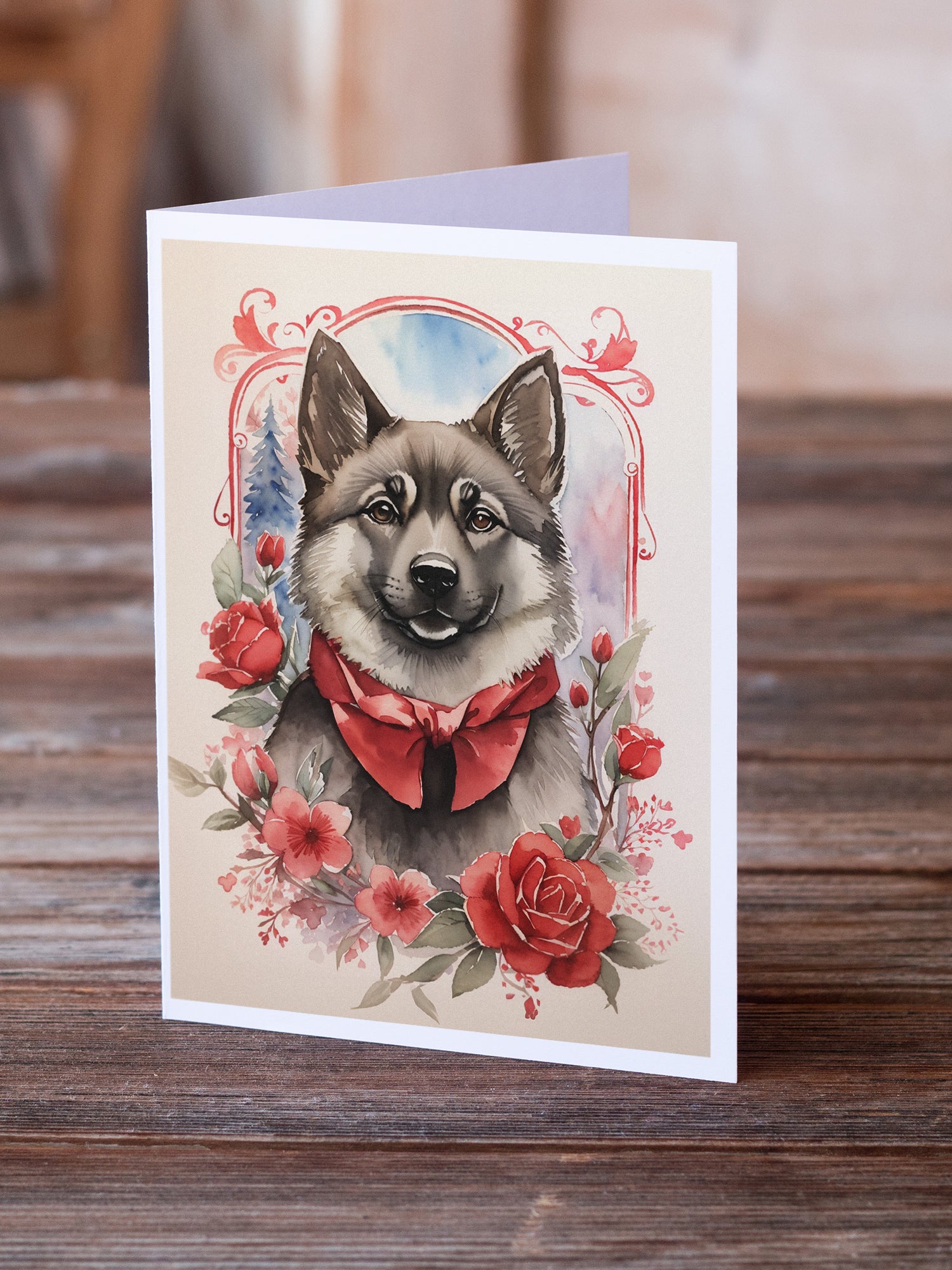 Norwegian Elkhound Valentine Roses Greeting Cards Pack of 8