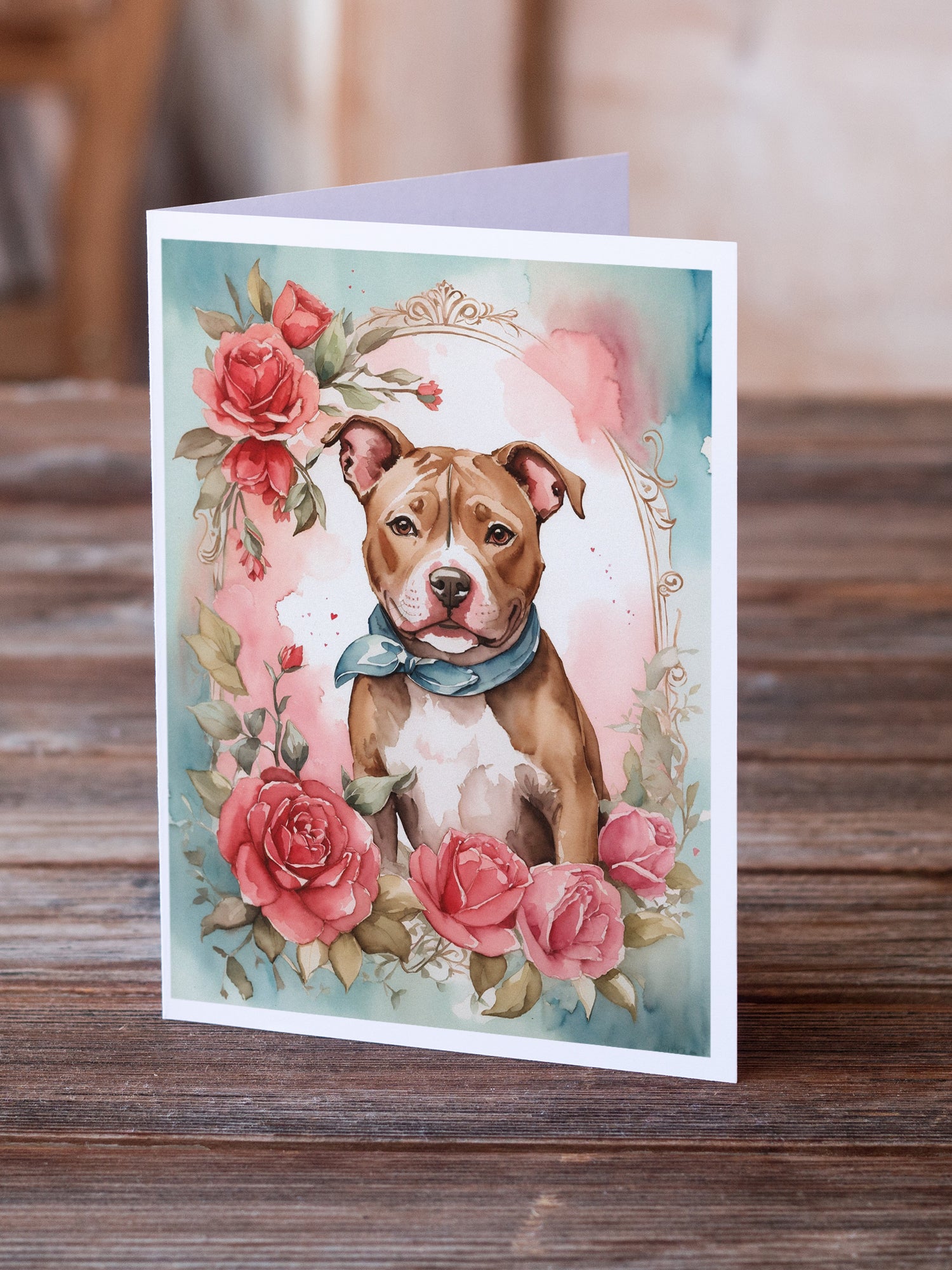 Pit Bull Terrier Valentine Roses Greeting Cards Pack of 8