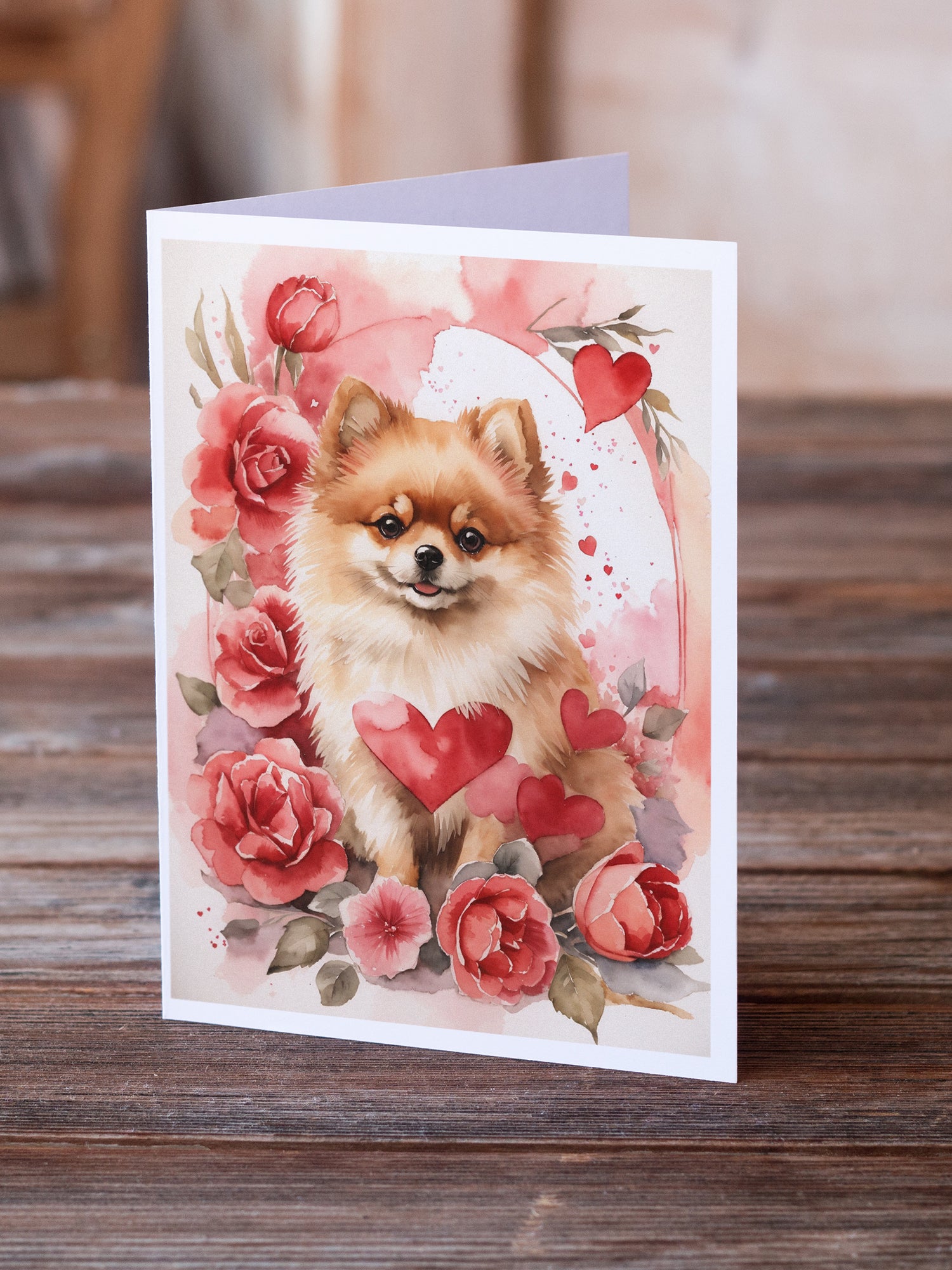 Pomeranian Valentine Roses Greeting Cards Pack of 8