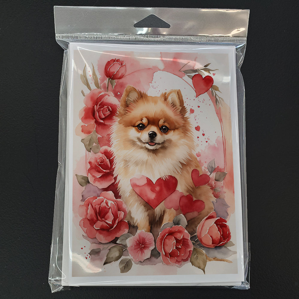 Pomeranian Valentine Roses Greeting Cards Pack of 8