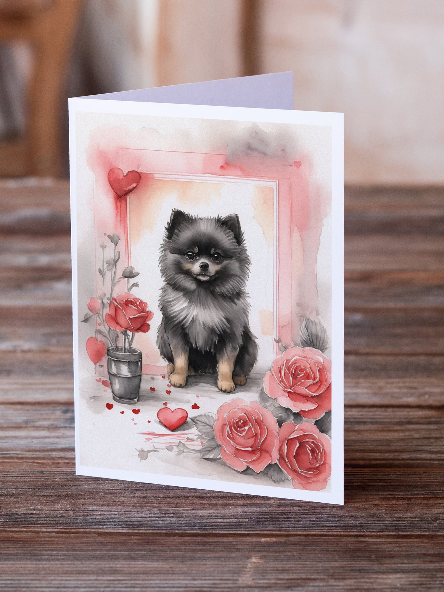 Caroline's Treasures Black Pomeranian Valentine Roses Greeting Cards - Blank Note Cards – 8-Pack of Artist-Designed Cards with Envelopes