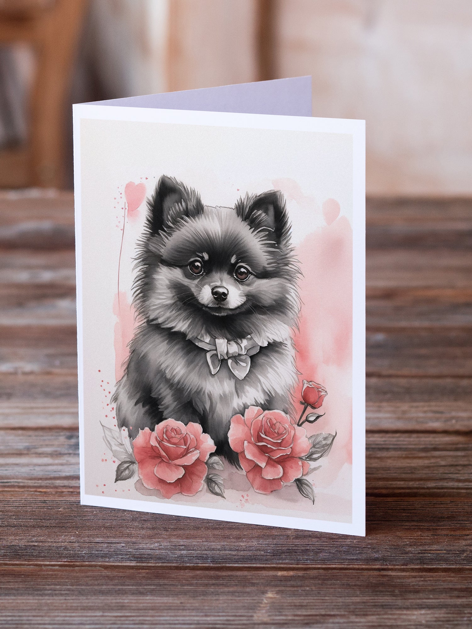 Black Pomeranian Valentine Roses Greeting Cards Pack of 8