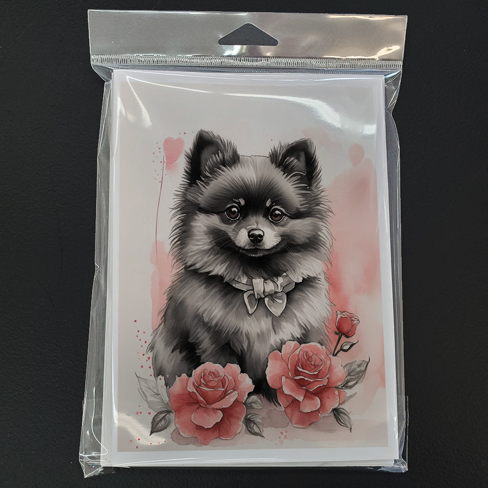 Black Pomeranian Valentine Roses Greeting Cards Pack of 8