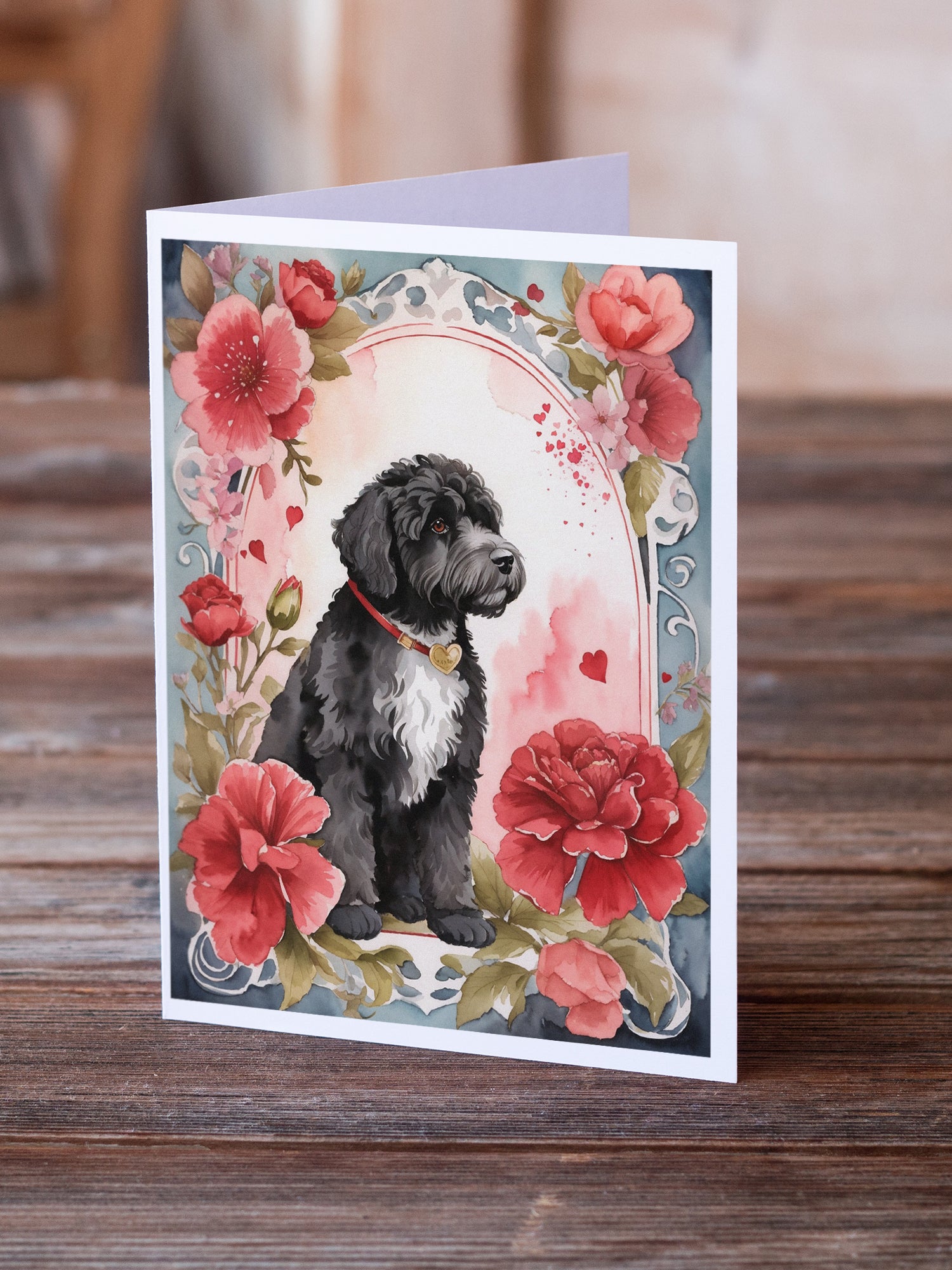 Portuguese Water Dog Valentine Roses Greeting Cards Pack of 8