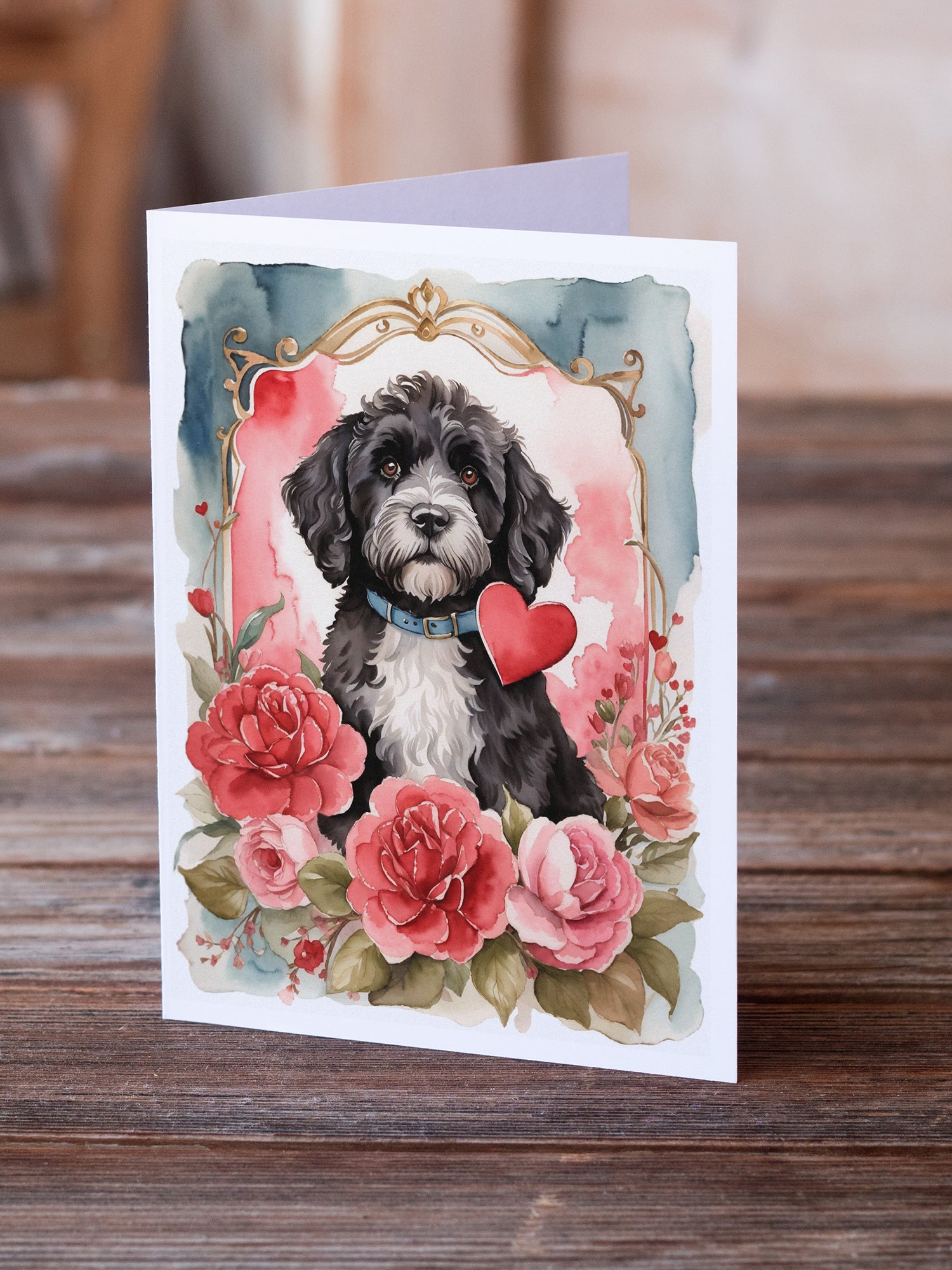 Portuguese Water Dog Valentine Roses Greeting Cards Pack of 8