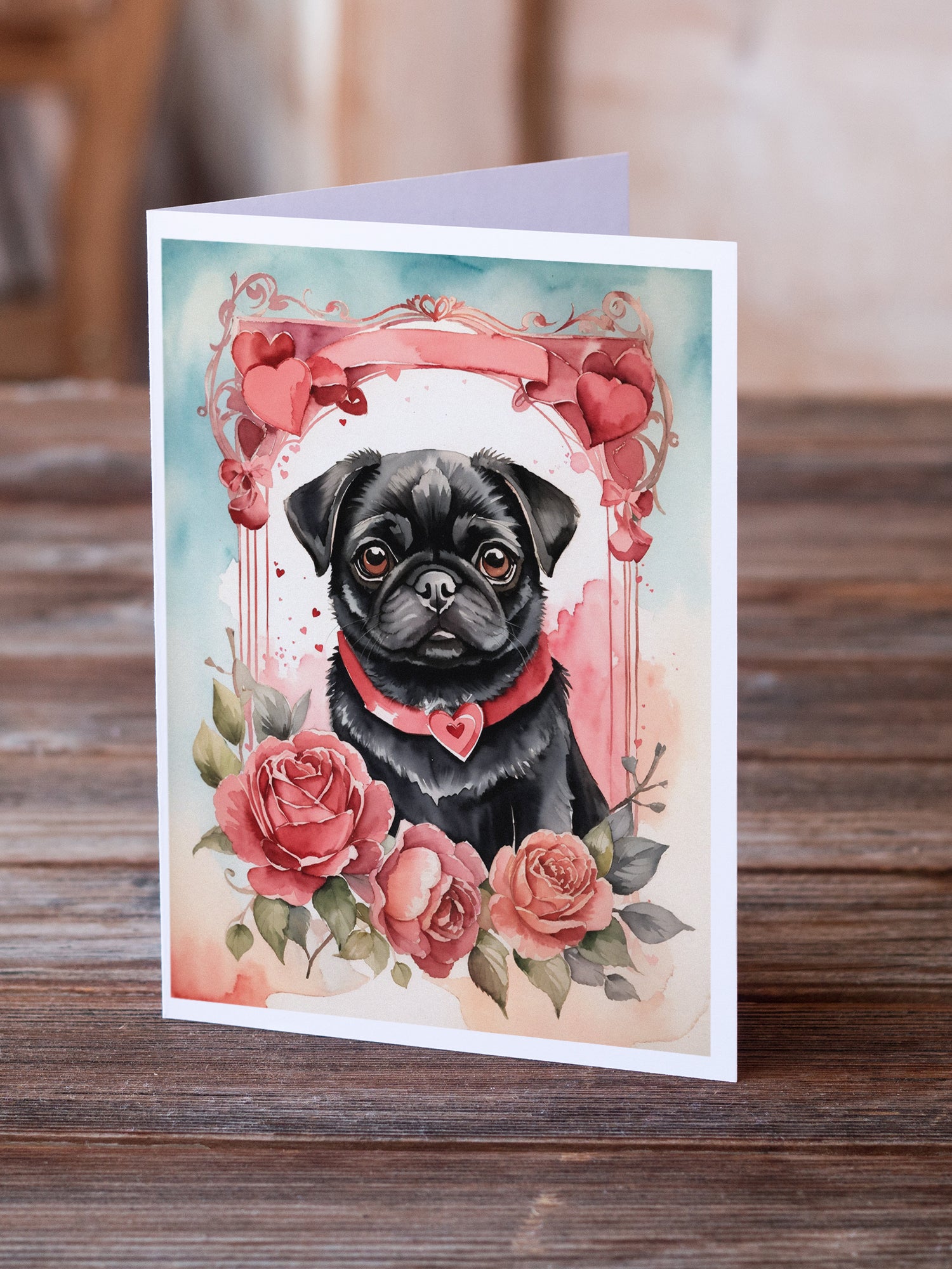 Buy this Black Pug Valentine Roses Greeting Cards Pack of 8