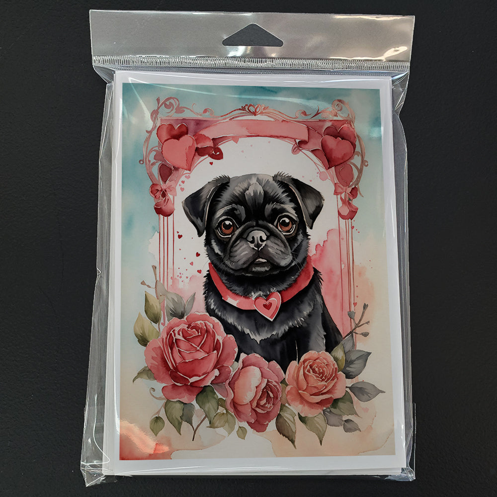 Black Pug Valentine Roses Greeting Cards Pack of 8
