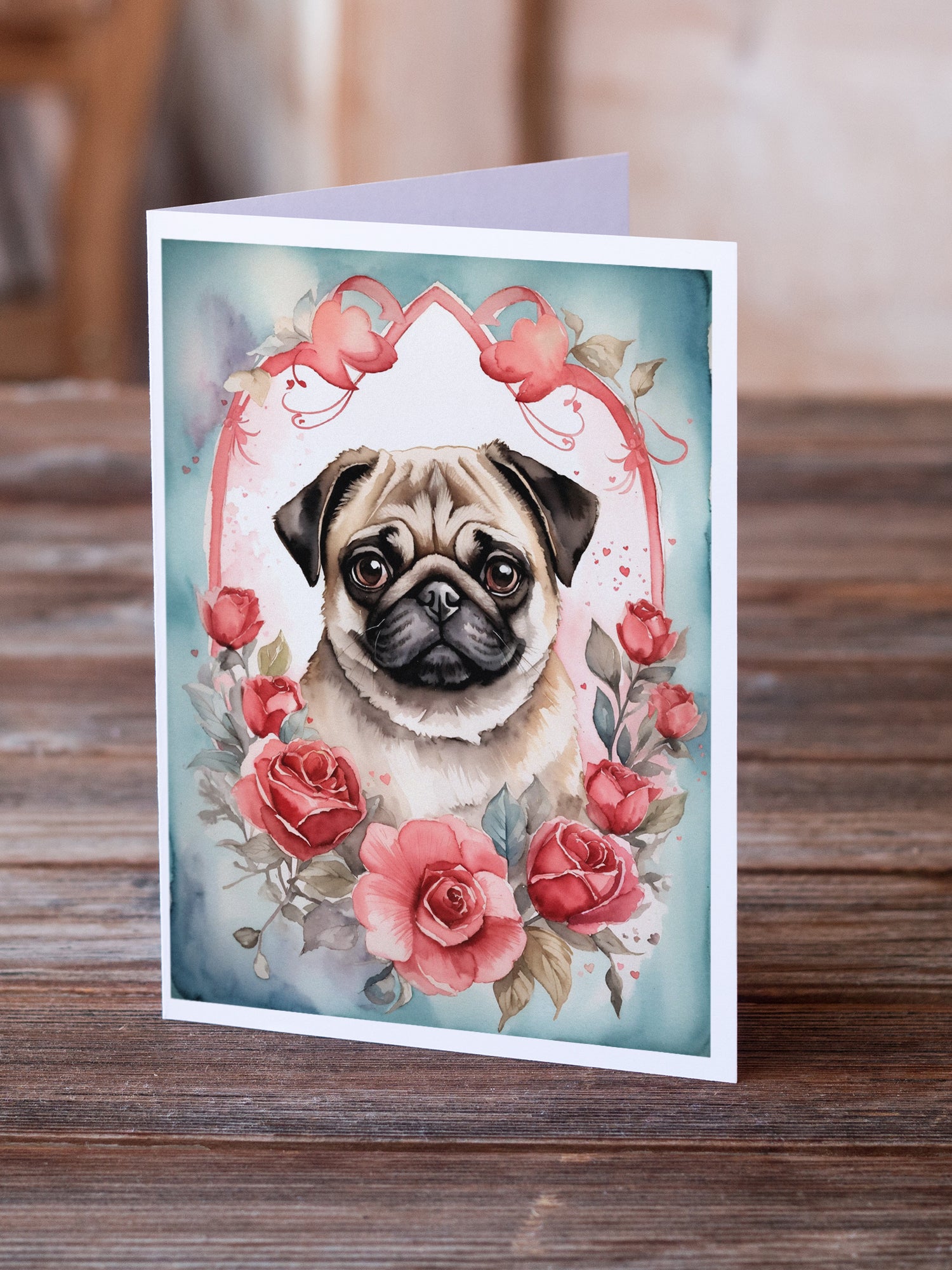Buy this Pug Valentine Roses Greeting Cards Pack of 8