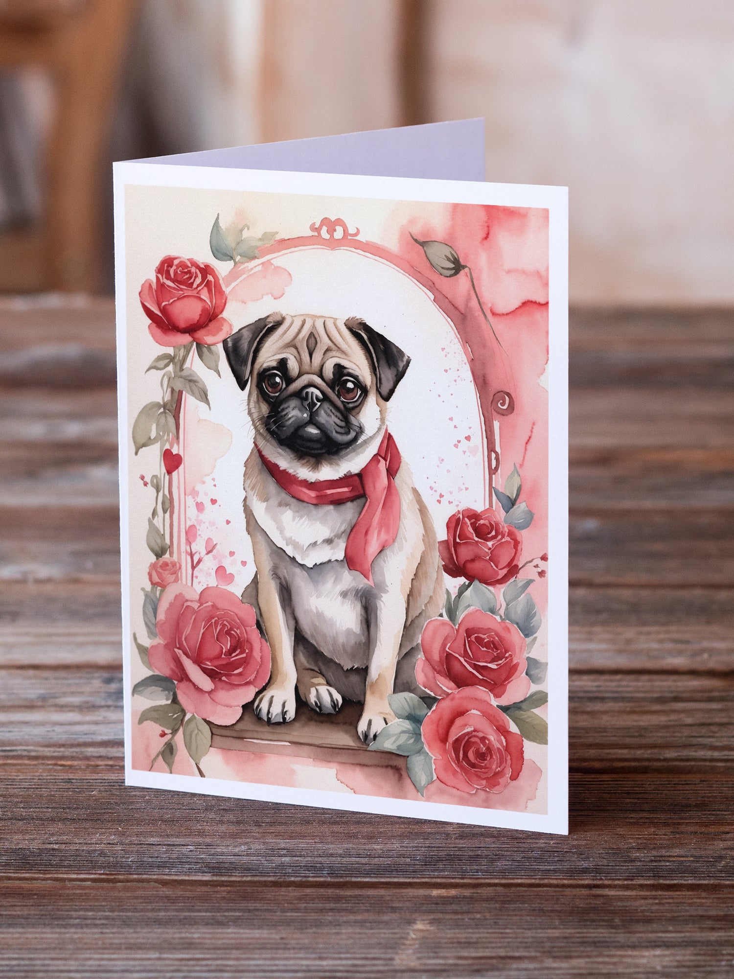 Pug Valentine Roses Greeting Cards Pack of 8