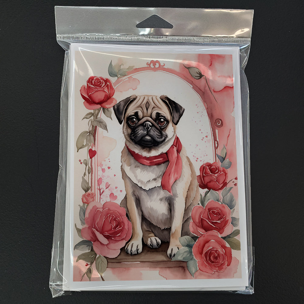 Pug Valentine Roses Greeting Cards Pack of 8
