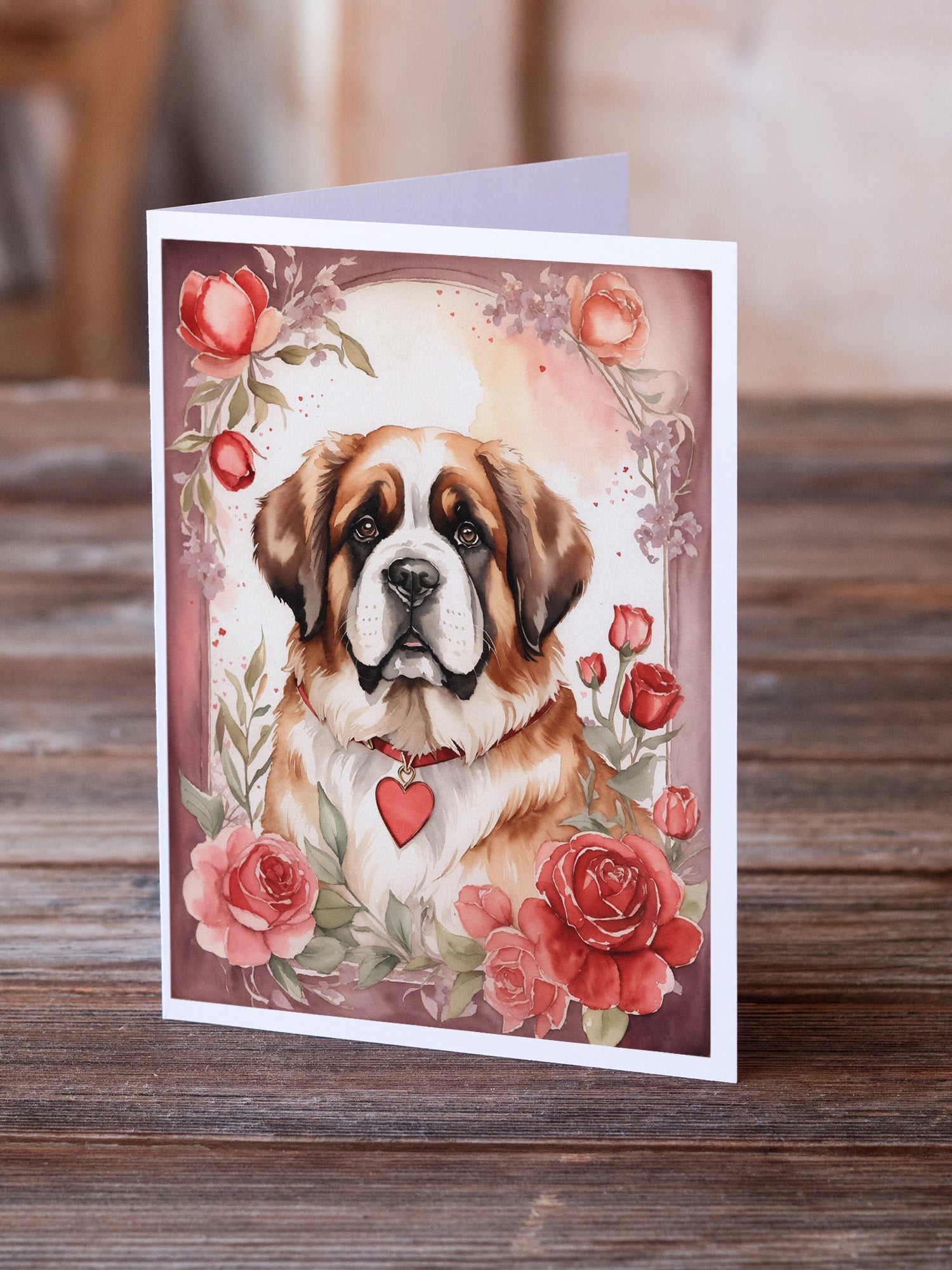 Buy this Saint Bernard Valentine Roses Greeting Cards Pack of 8