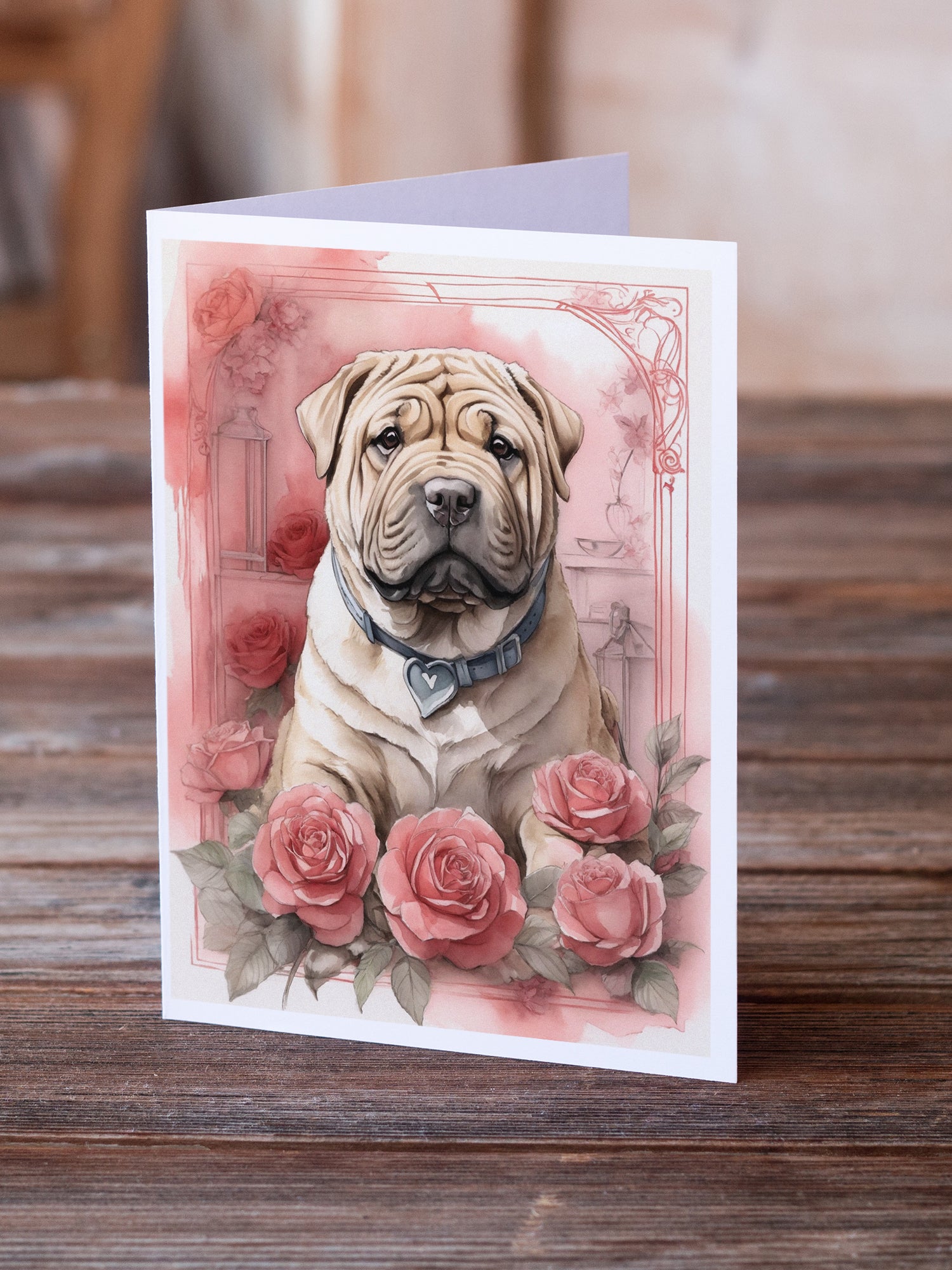 Buy this Shar Pei Valentine Roses Greeting Cards Pack of 8
