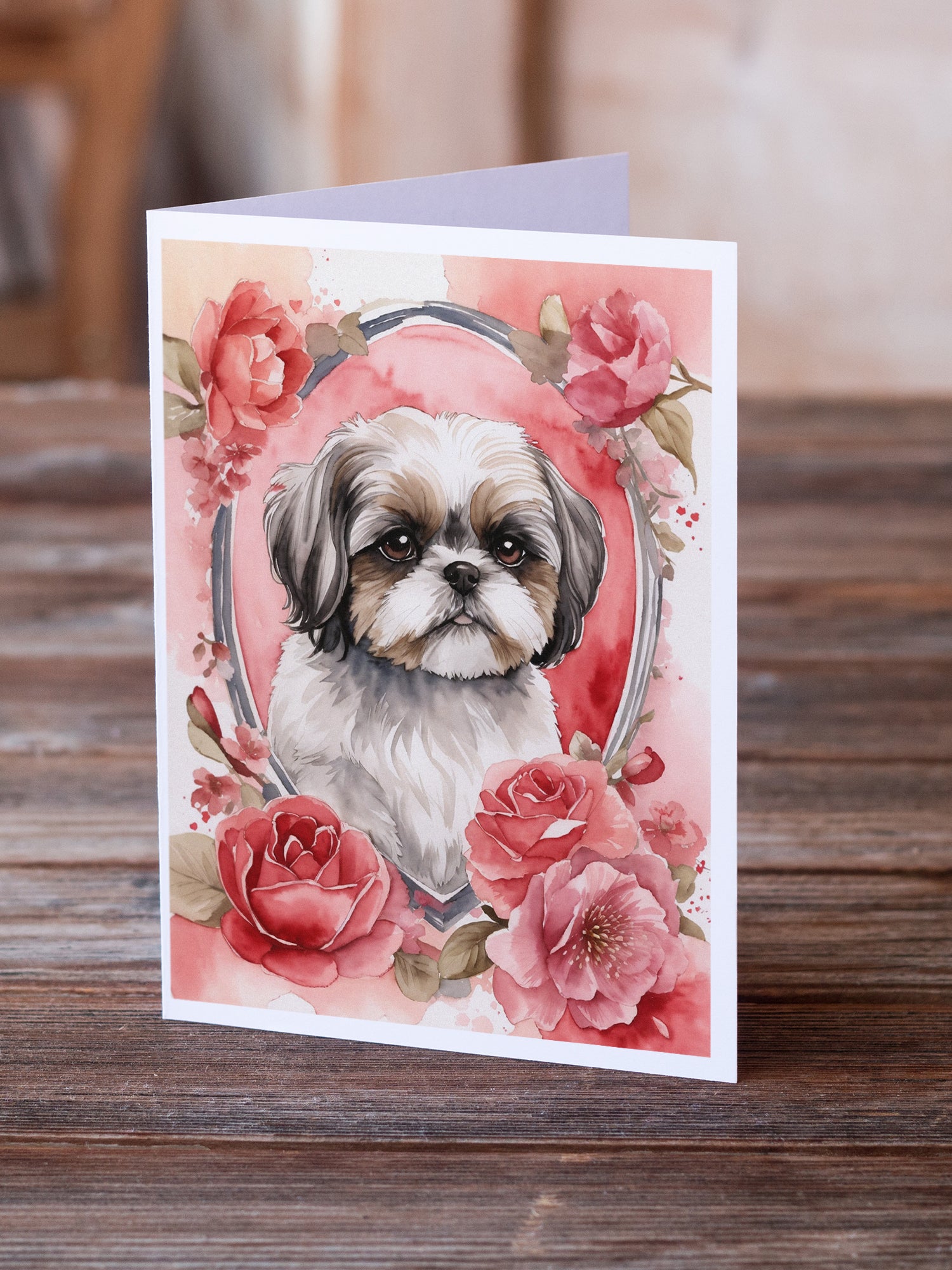 Shih Tzu Valentine Roses Greeting Cards Pack of 8