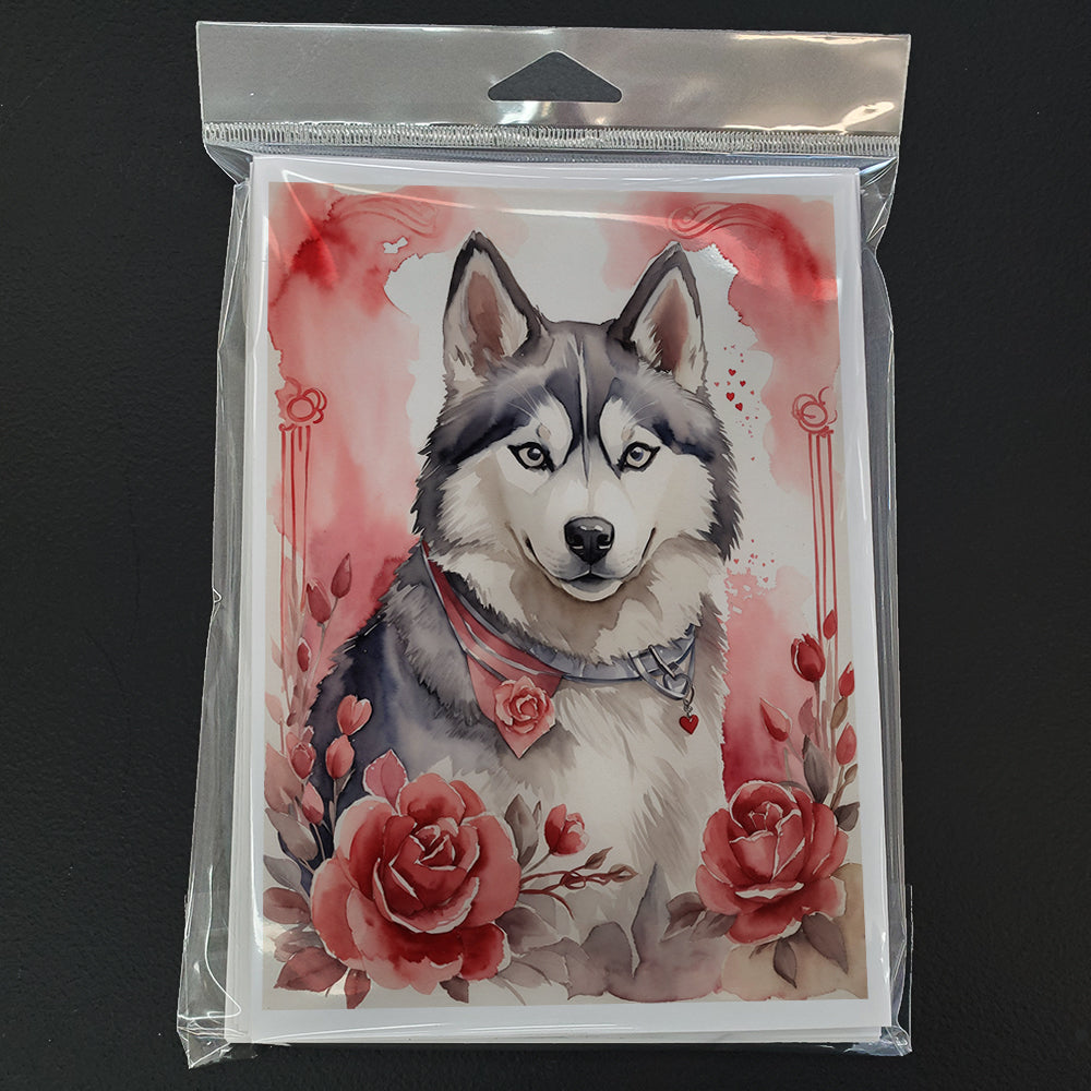 Siberian Husky Valentine Roses Greeting Cards Pack of 8