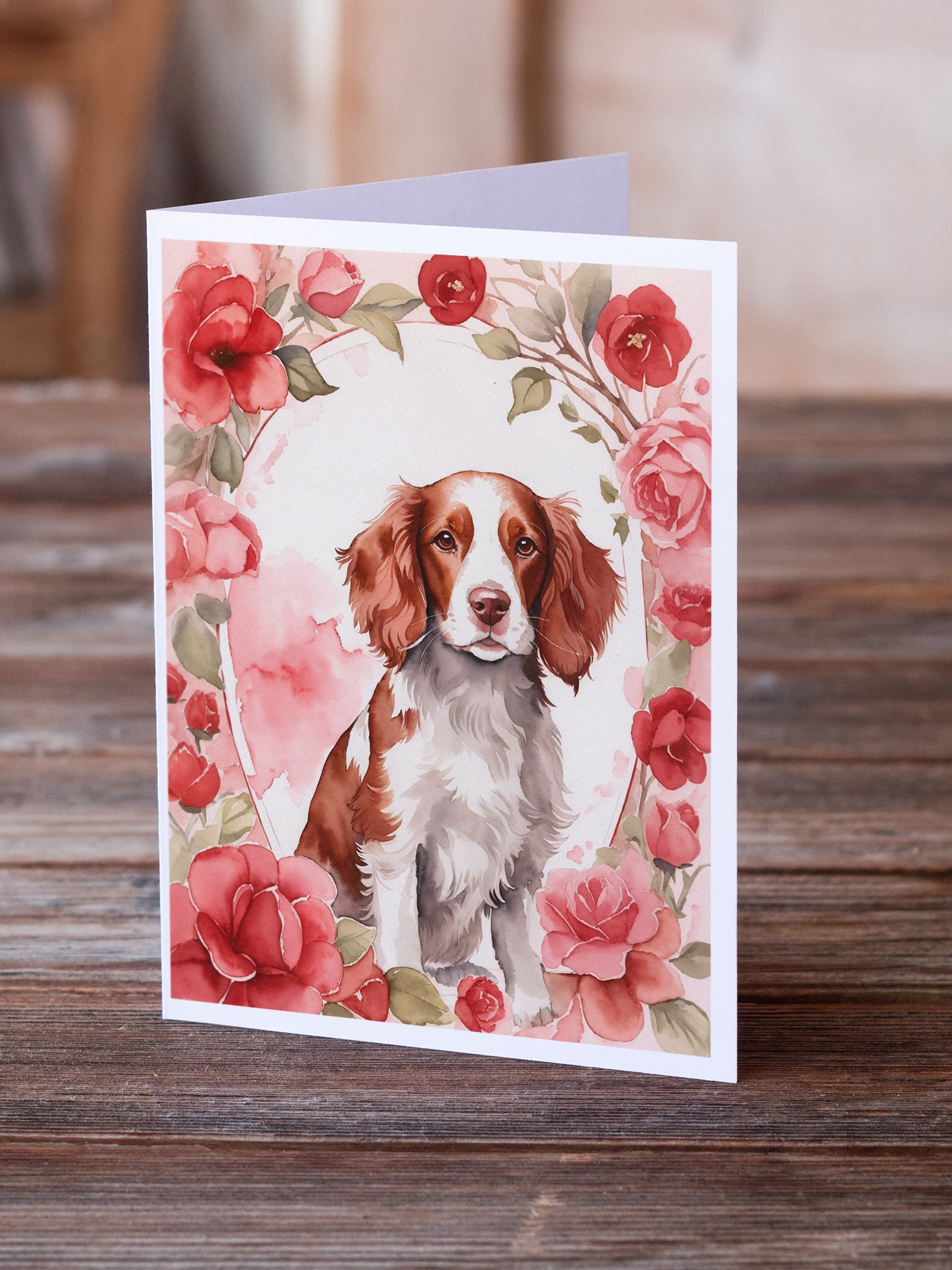 Welsh Springer Spaniel Valentine Roses Greeting Cards Pack of 8