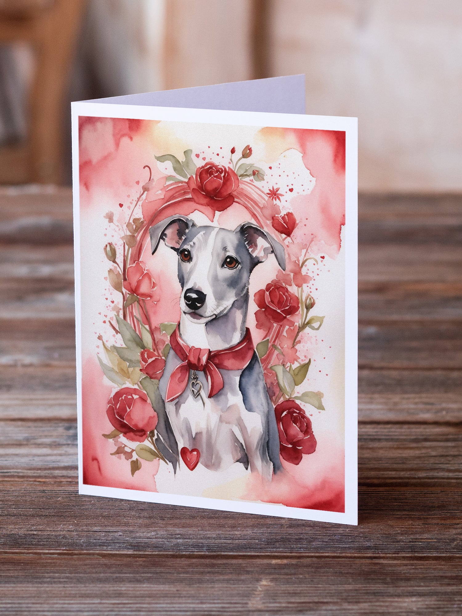 Whippet Valentine Roses Greeting Cards Pack of 8