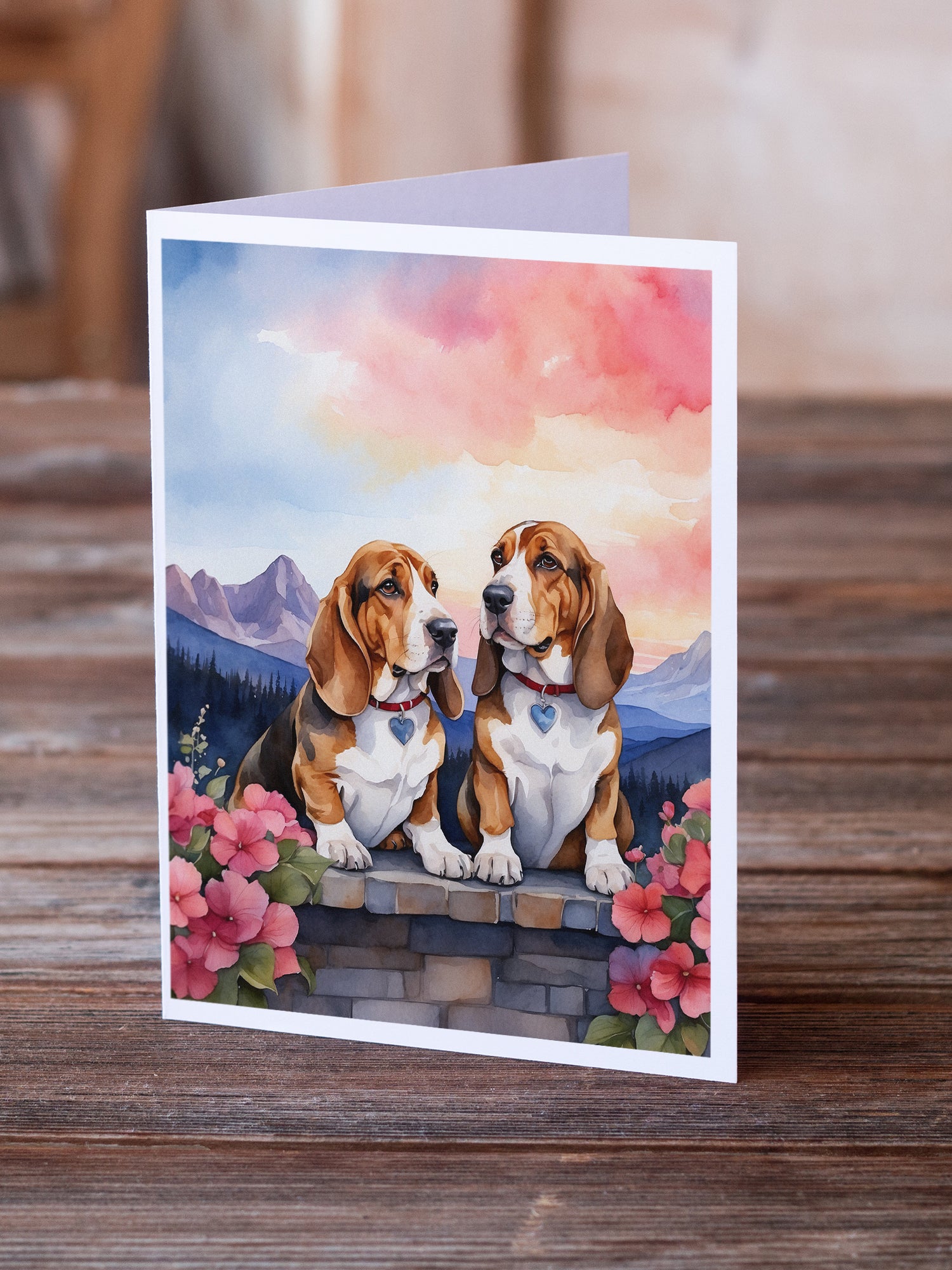 Basset Hound Two Hearts Greeting Cards Pack of 8