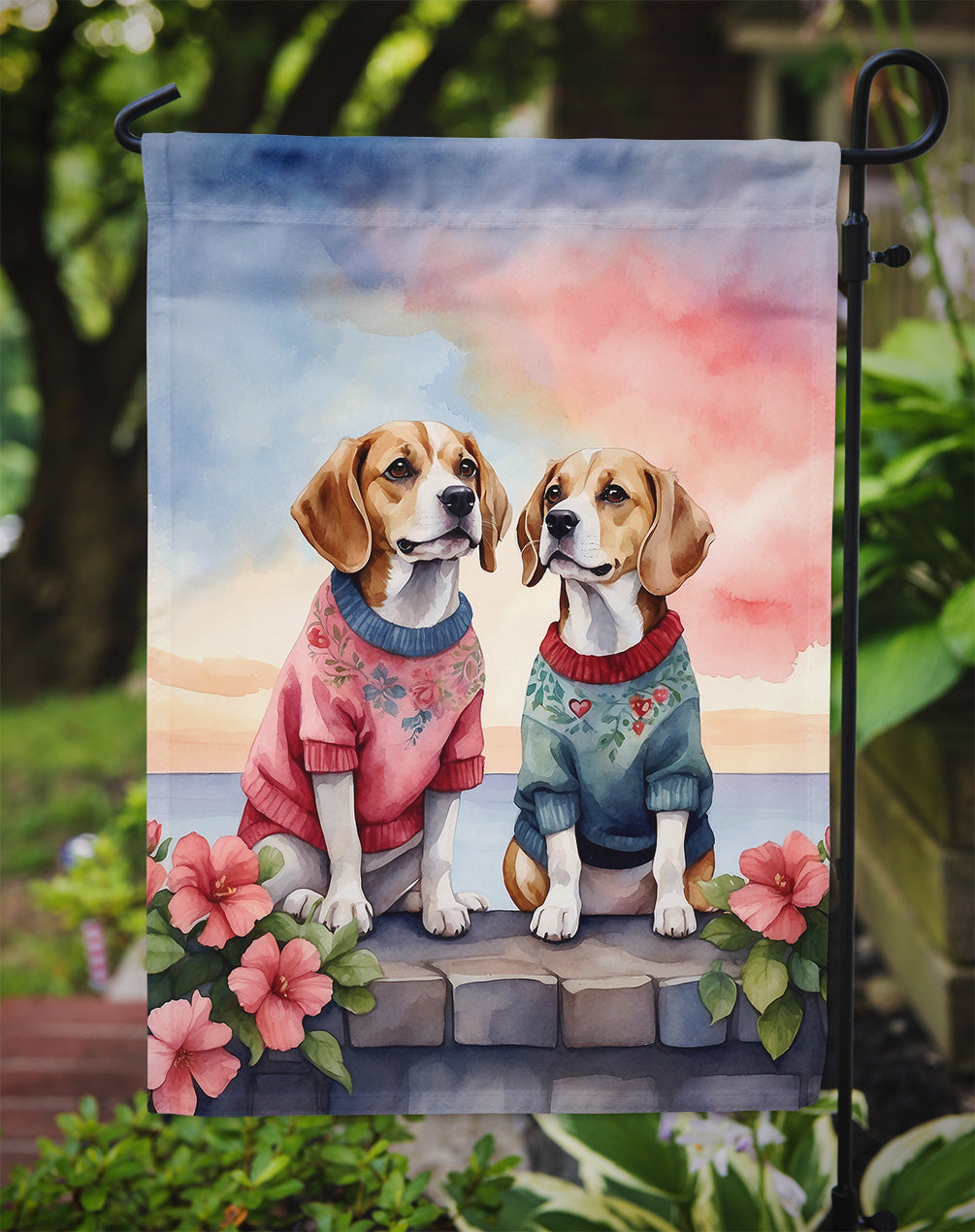 Beagle Two Hearts Garden Flag