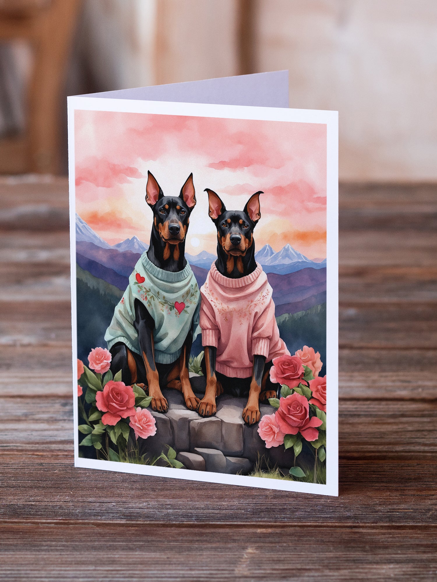 Caroline's Treasures Doberman Pinscher Two Hearts Greeting Cards - Blank Note Cards – 8-Pack of Artist-Designed Cards with Envelopes