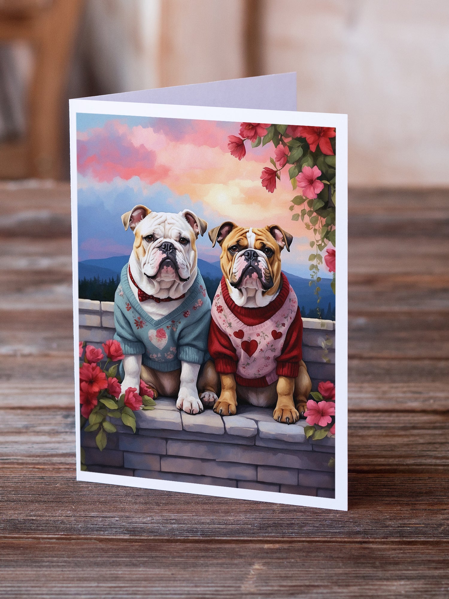 English Bulldog Two Hearts Greeting Cards Pack of 8